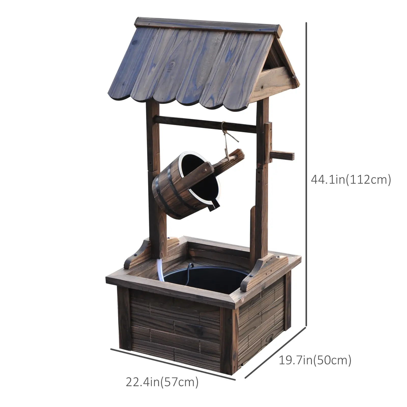 Wooden Well Wishing Fountain, Outdoor Electric Pump Water Bucket, Patio Garden, Carbonized - Image 3