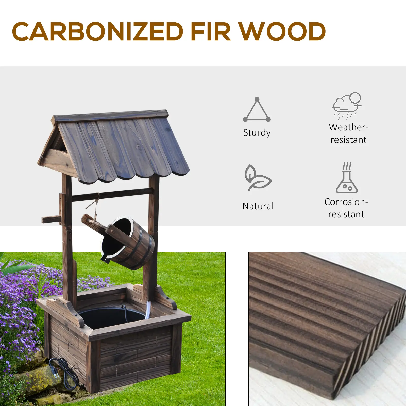 Wooden Well Wishing Fountain, Outdoor Electric Pump Water Bucket, Patio Garden, Carbonized - Image 4