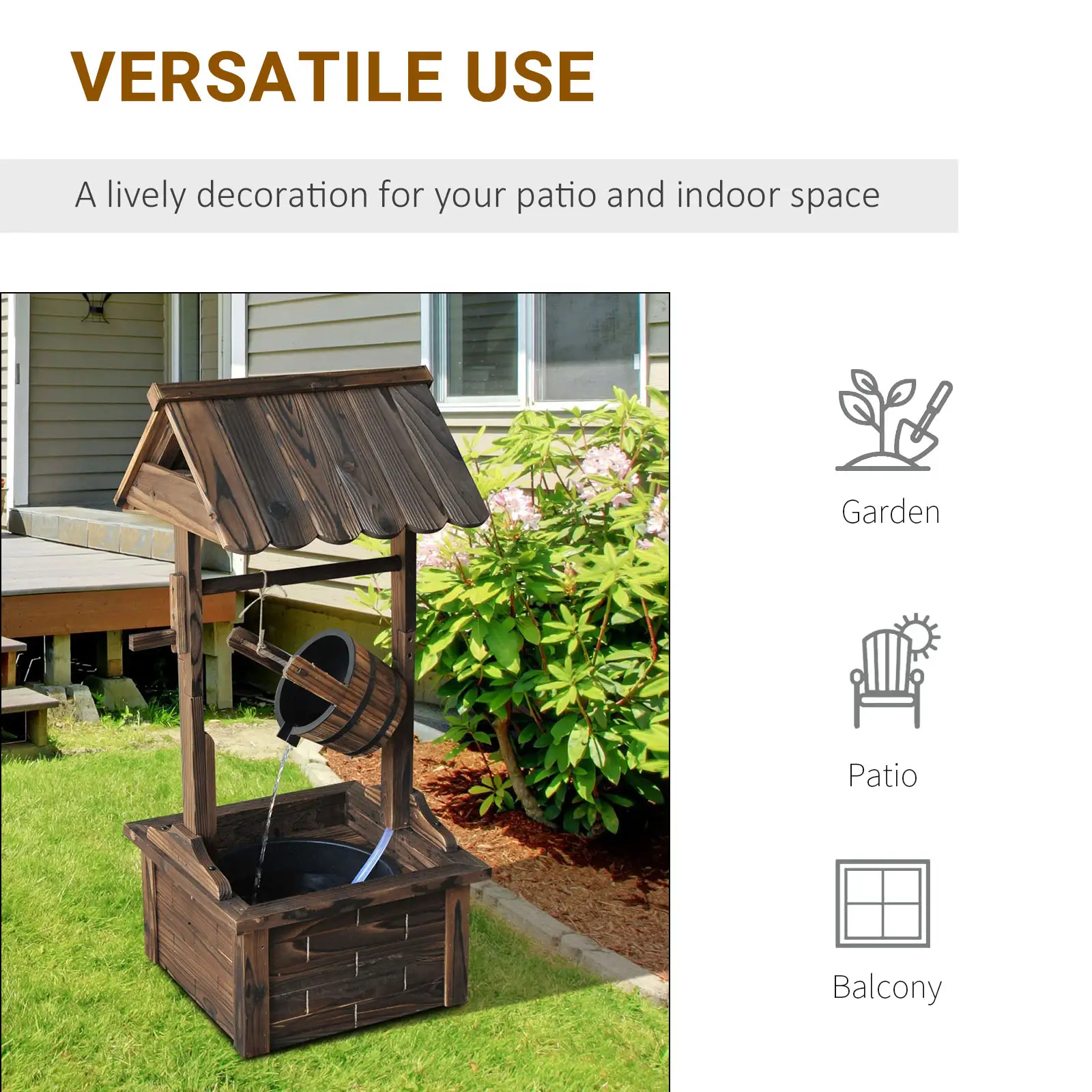 Wooden Well Wishing Fountain, Outdoor Electric Pump Water Bucket, Patio Garden, Carbonized - Image 5
