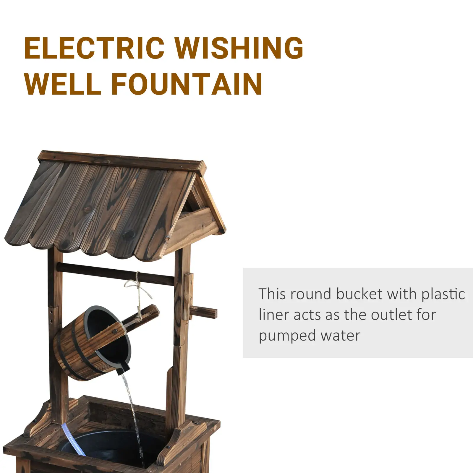 Wooden Well Wishing Fountain, Outdoor Electric Pump Water Bucket, Patio Garden, Carbonized - Image 6