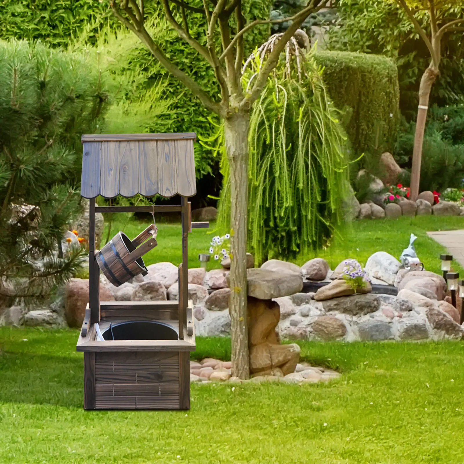 Wooden Well Wishing Fountain, Outdoor Electric Pump Water Bucket, Patio Garden, Carbonized - Image 7