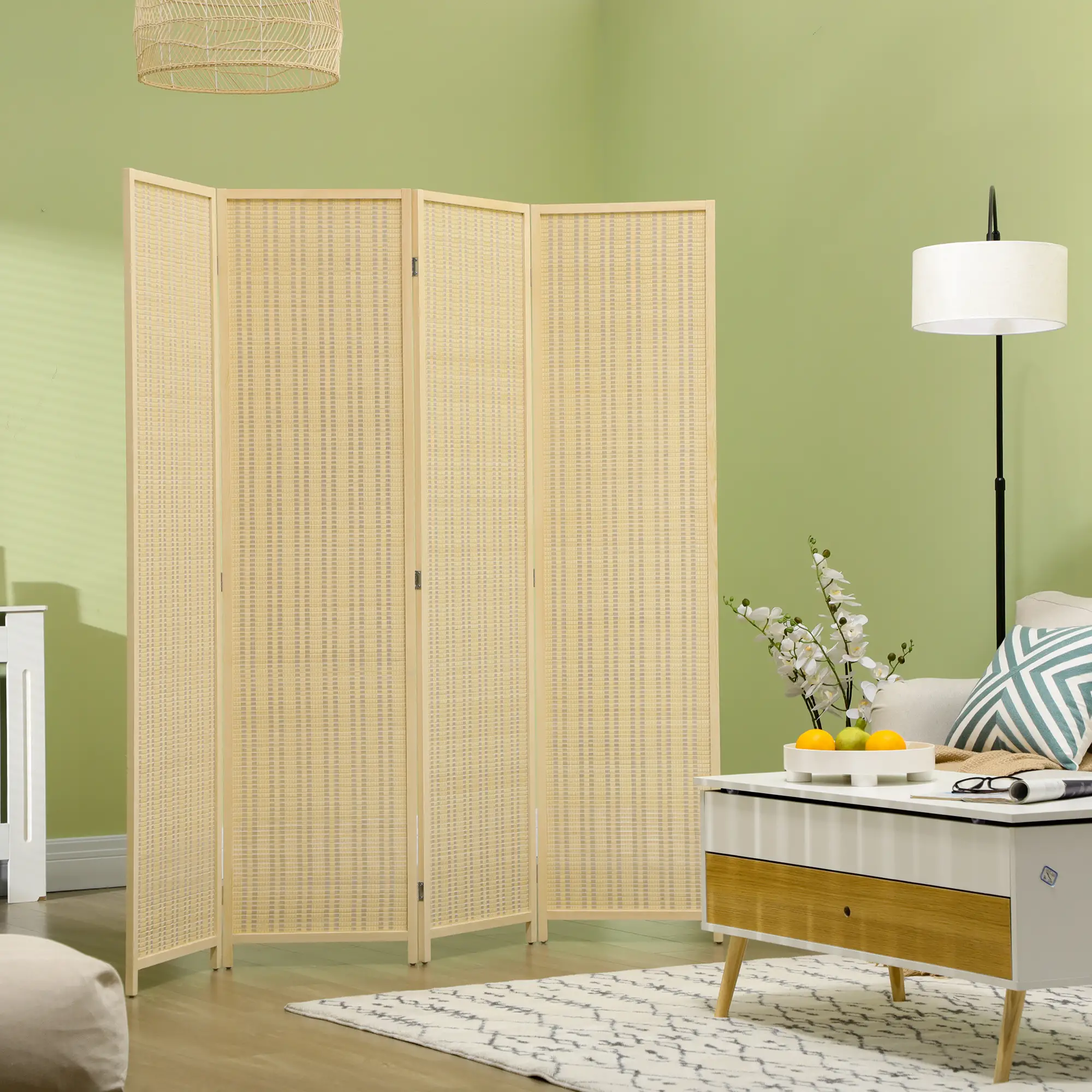 Woven Bamboo Room Divider, 4 Panel, 71"x71"x0.6", Natural - Image 9