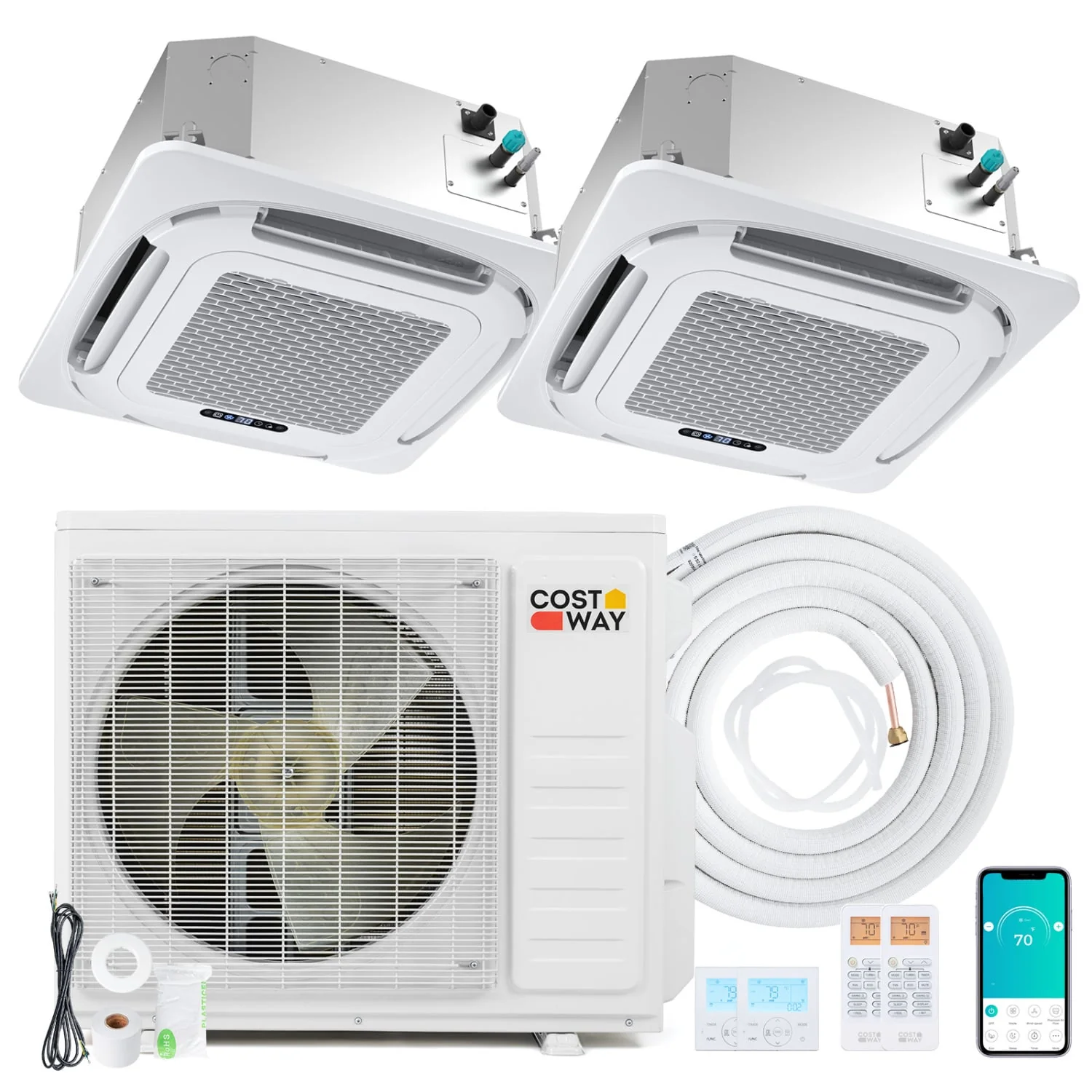 X-Pro 27000 BTU 24 SEER2 2 Zone Ceiling Cassette Mini Split AC-12K+18K, White