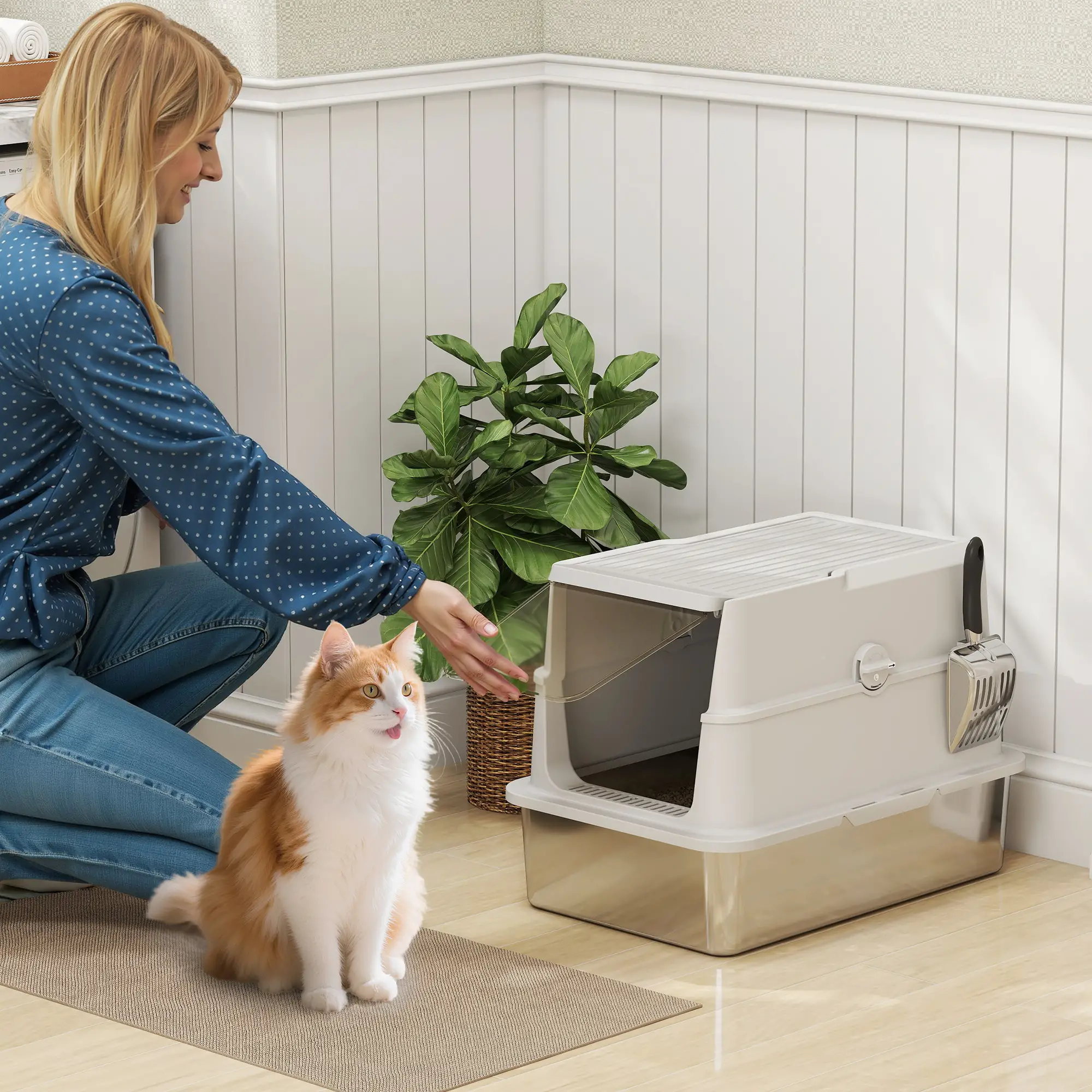 XL Stainless Steel Cat Litter Box, Flip Top, Scoop, Easy Clean - Image 2