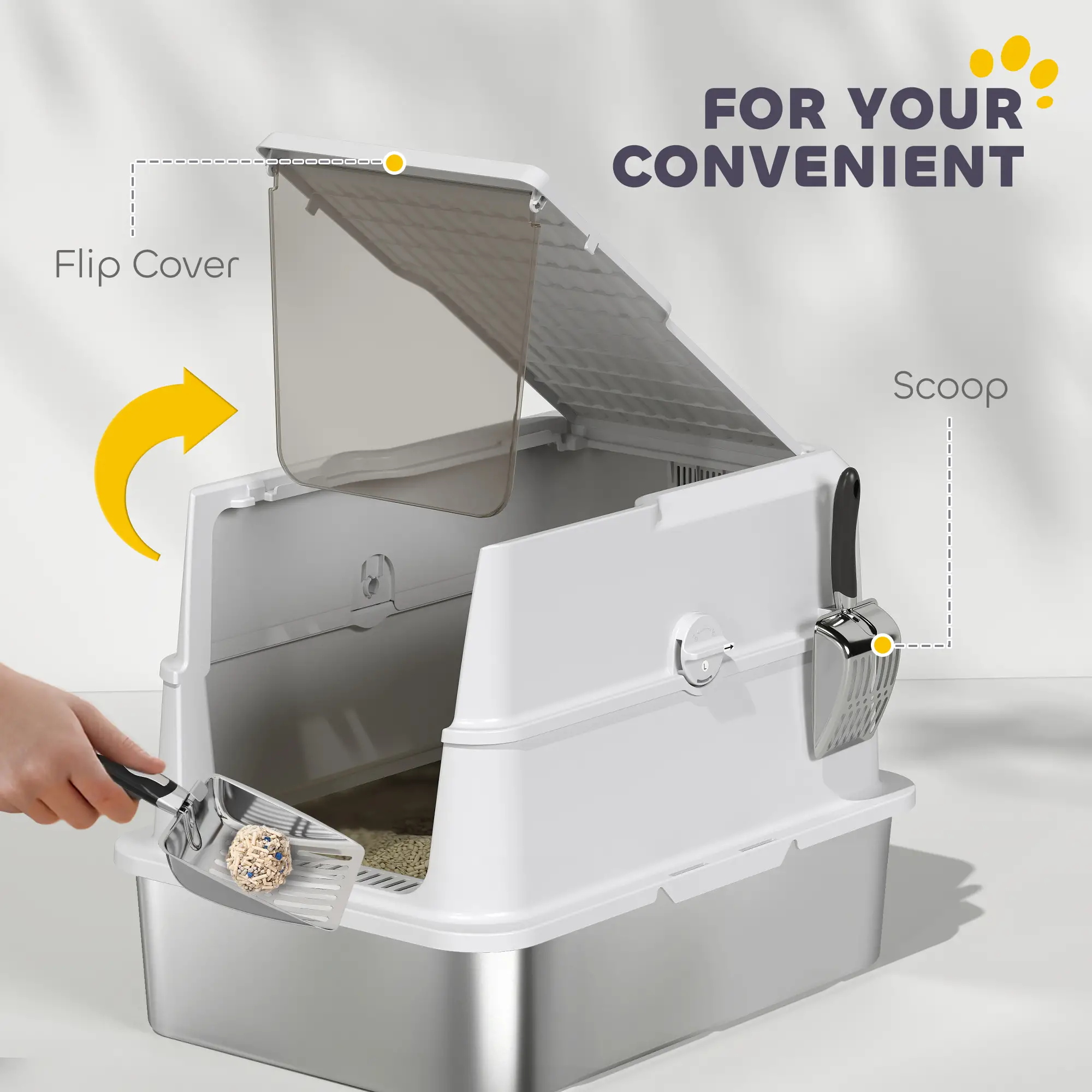 XL Stainless Steel Cat Litter Box, Flip Top, Scoop, Easy Clean - Image 7