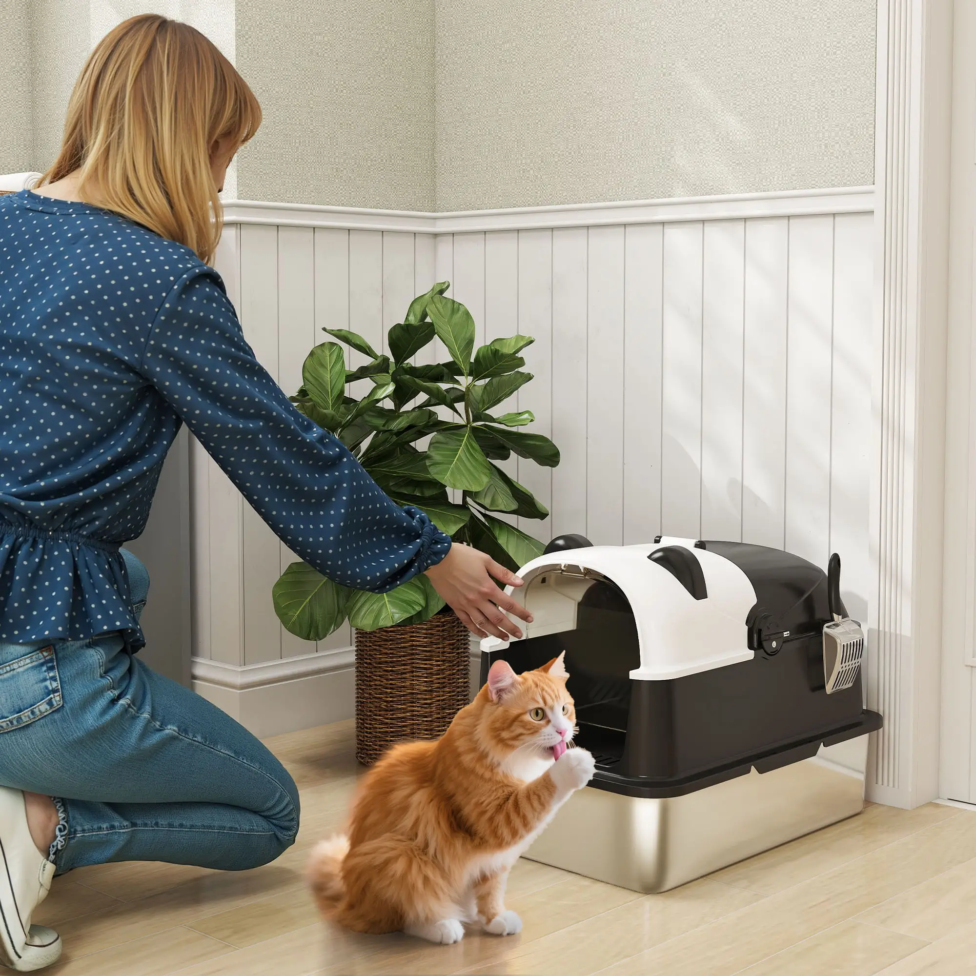 XL Stainless Steel Cat Litter Box with Lid, Scoop, 23.7" x 15.9" x 17.6" - Image 2