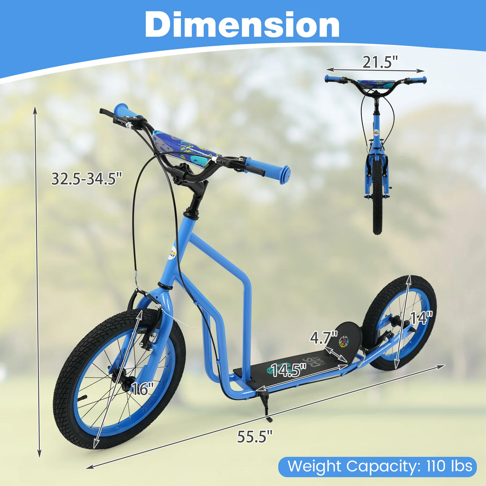 Youth Scooter, Adjustable Handlebar, 16/14-Inch Inflatable Wheels, Blue - Image 5