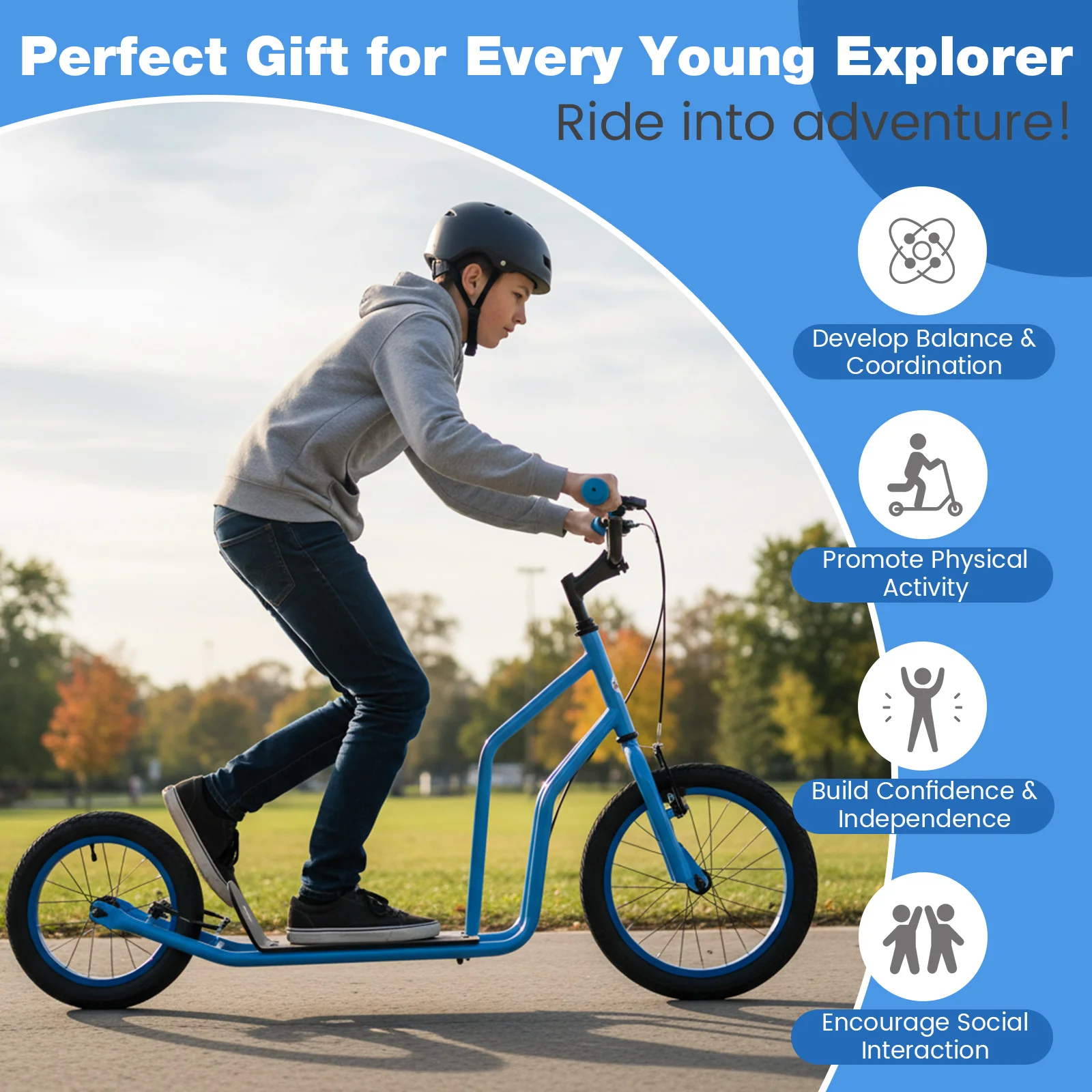 Youth Scooter, Adjustable Handlebar, 16/14-Inch Inflatable Wheels, Blue - Image 7