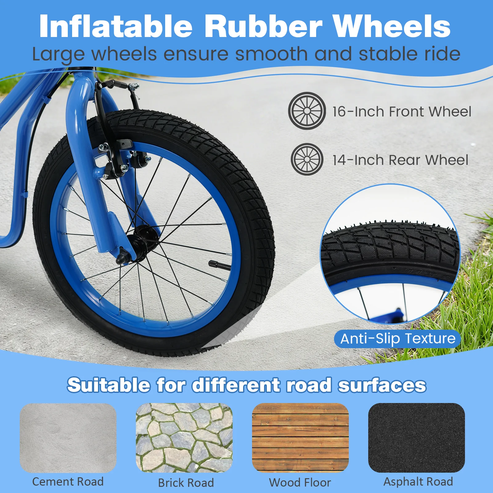 Youth Scooter, Adjustable Handlebar, 16/14-Inch Inflatable Wheels, Blue - Image 9