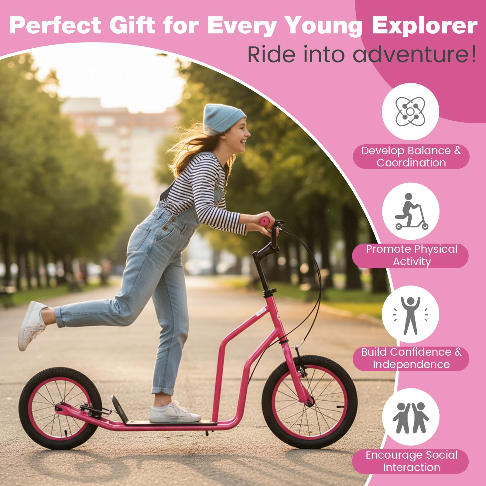 Youth Scooter, Adjustable Handlebar, 16/14-Inch Wheels, Pink - Image 7