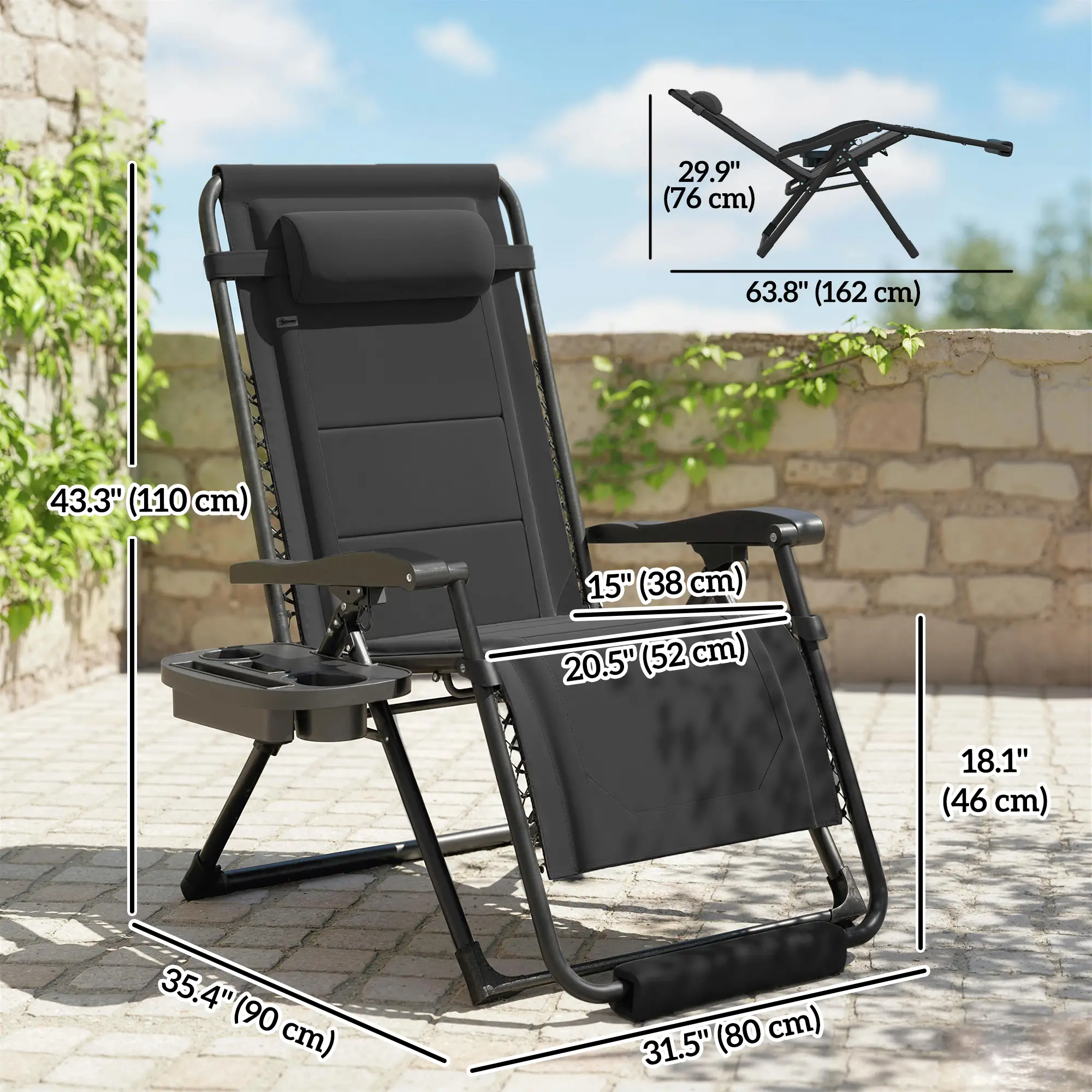 Zero Gravity Chair, Reclining Outdoor Lounger, 400 LBS Capacity, Black - Image 3