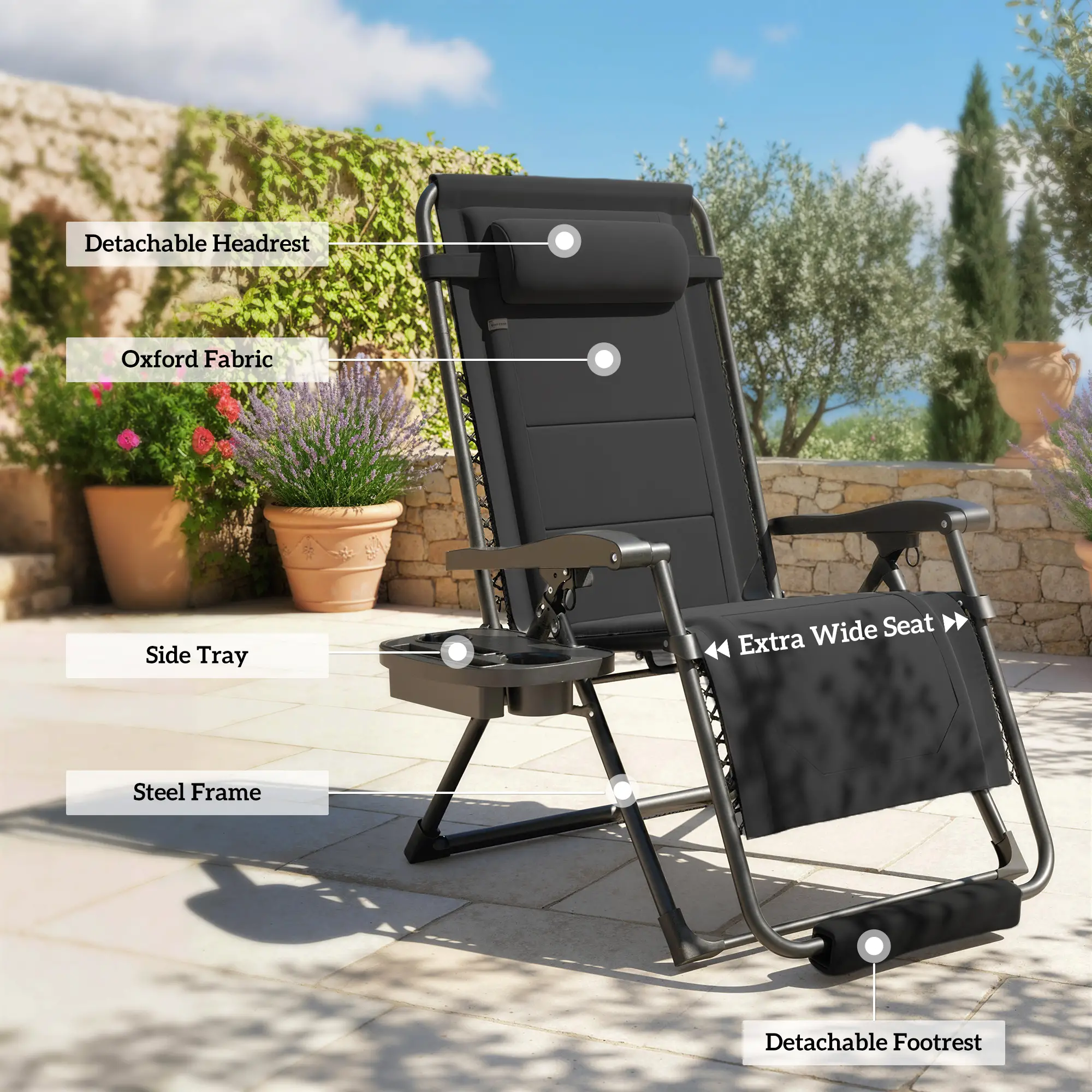 Zero Gravity Chair, Reclining Outdoor Lounger, 400 LBS Capacity, Black - Image 7