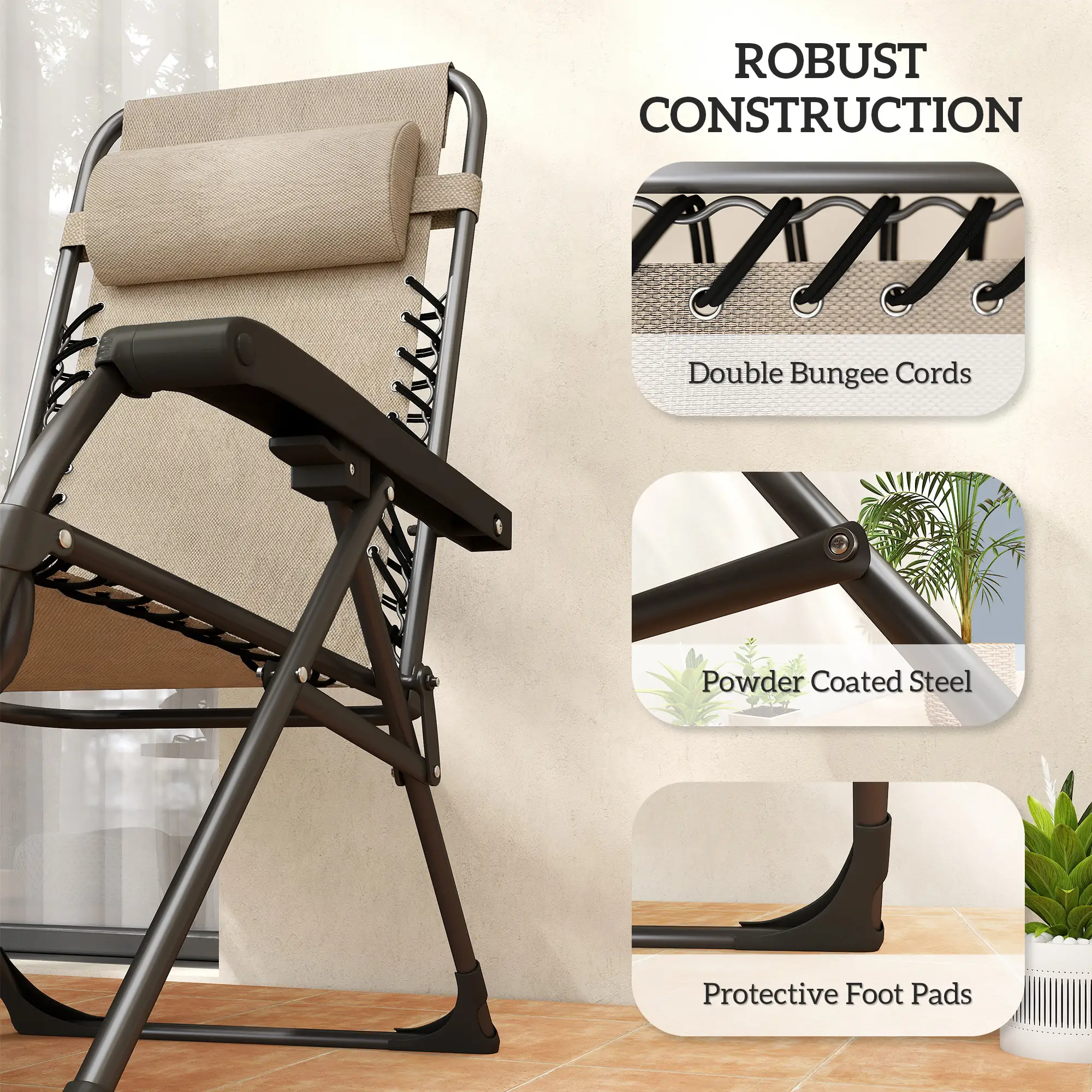 Zero Gravity Chair Set, Folding Reclining Outdoor Lounge, Light Brown - Image 10