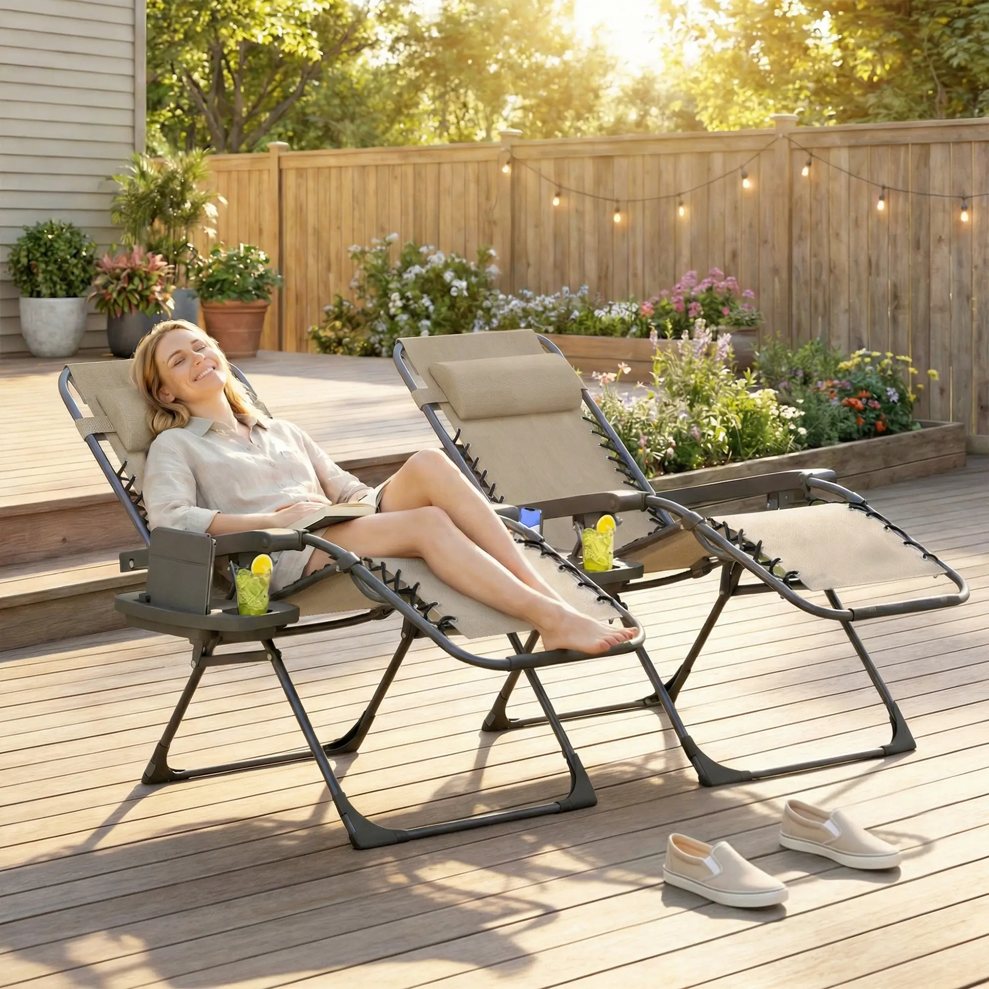 Zero Gravity Chair Set, Folding Reclining Outdoor Lounge, Light Brown - Image 2