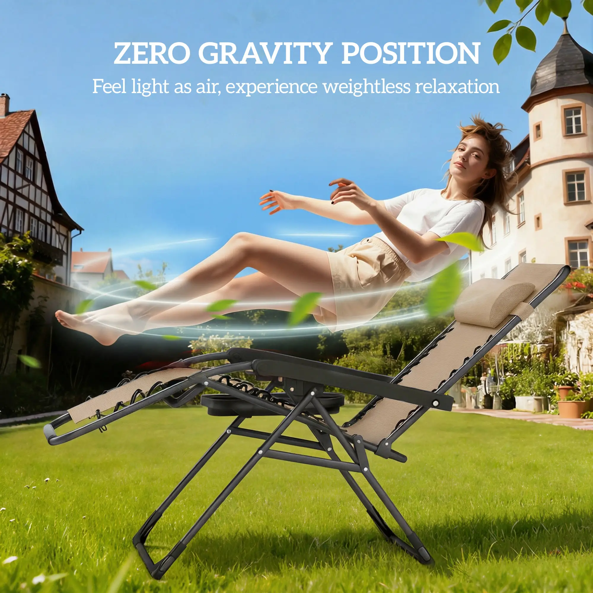 Zero Gravity Chair Set, Folding Reclining Outdoor Lounge, Light Brown - Image 4
