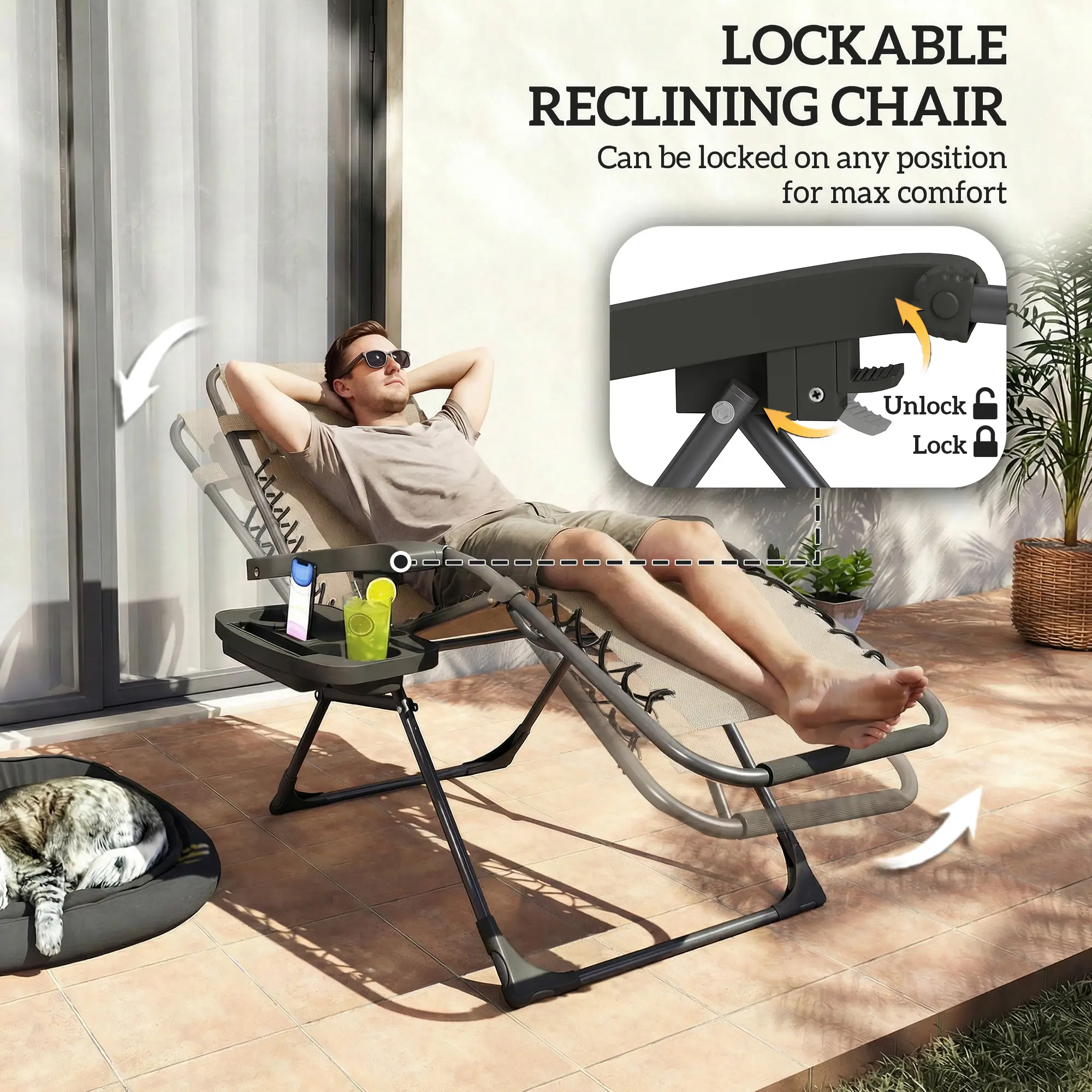 Zero Gravity Chair Set, Folding Reclining Outdoor Lounge, Light Brown - Image 5
