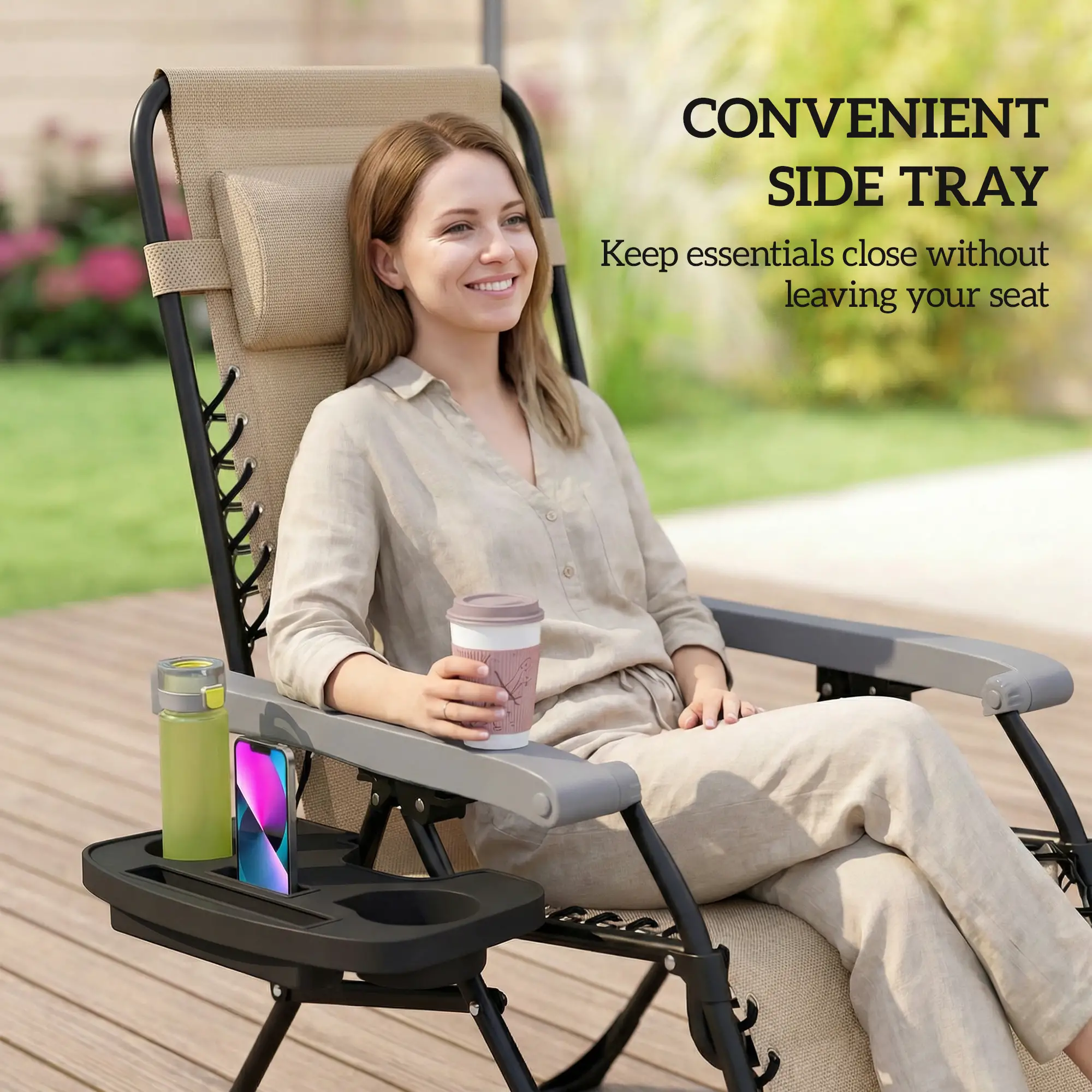 Zero Gravity Chair Set, Folding Reclining Outdoor Lounge, Light Brown - Image 7