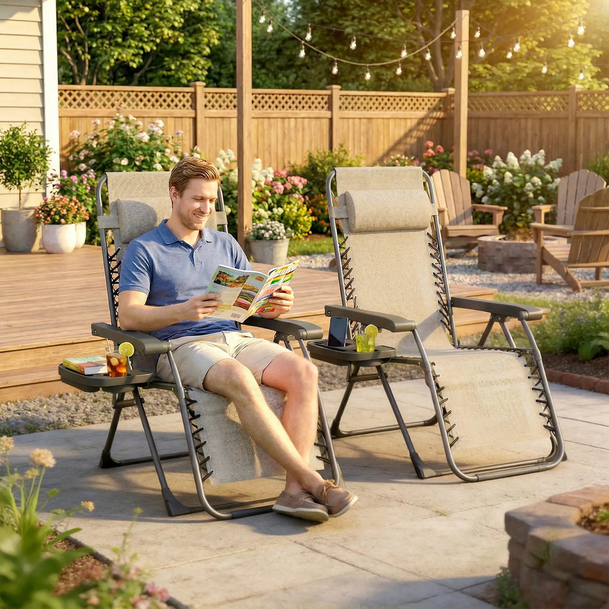 Zero Gravity Chair Set, Folding Reclining Outdoor Lounge, Light Brown - Image 8