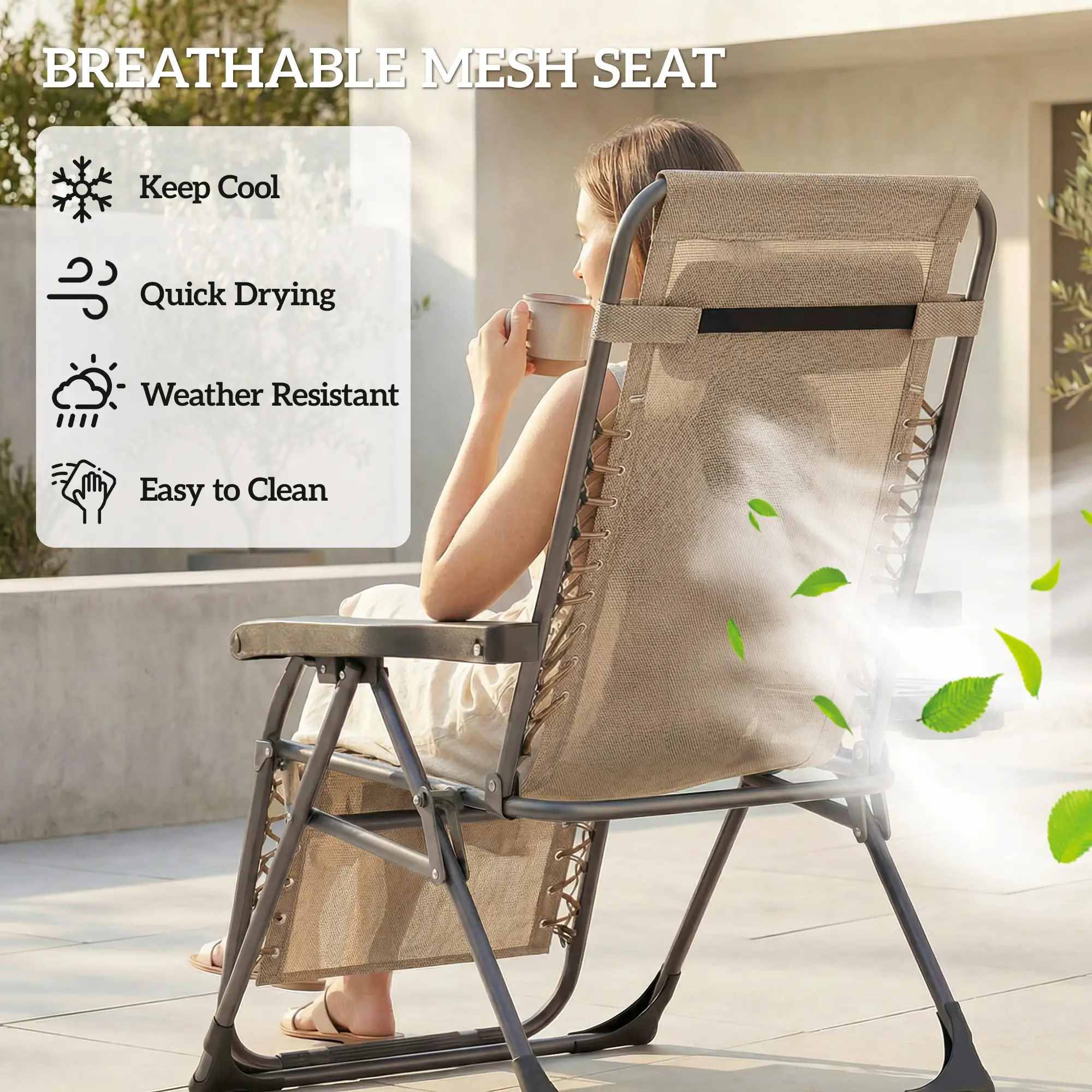 Zero Gravity Chair Set, Folding Reclining Outdoor Lounge, Light Brown - Image 9