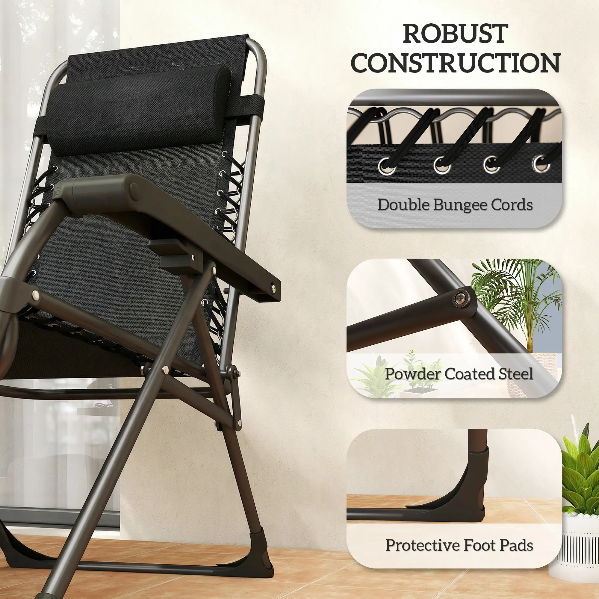 Zero Gravity Chair Set Of 2, Folding Reclining Outdoor Lounge Chair, Black - Image 10