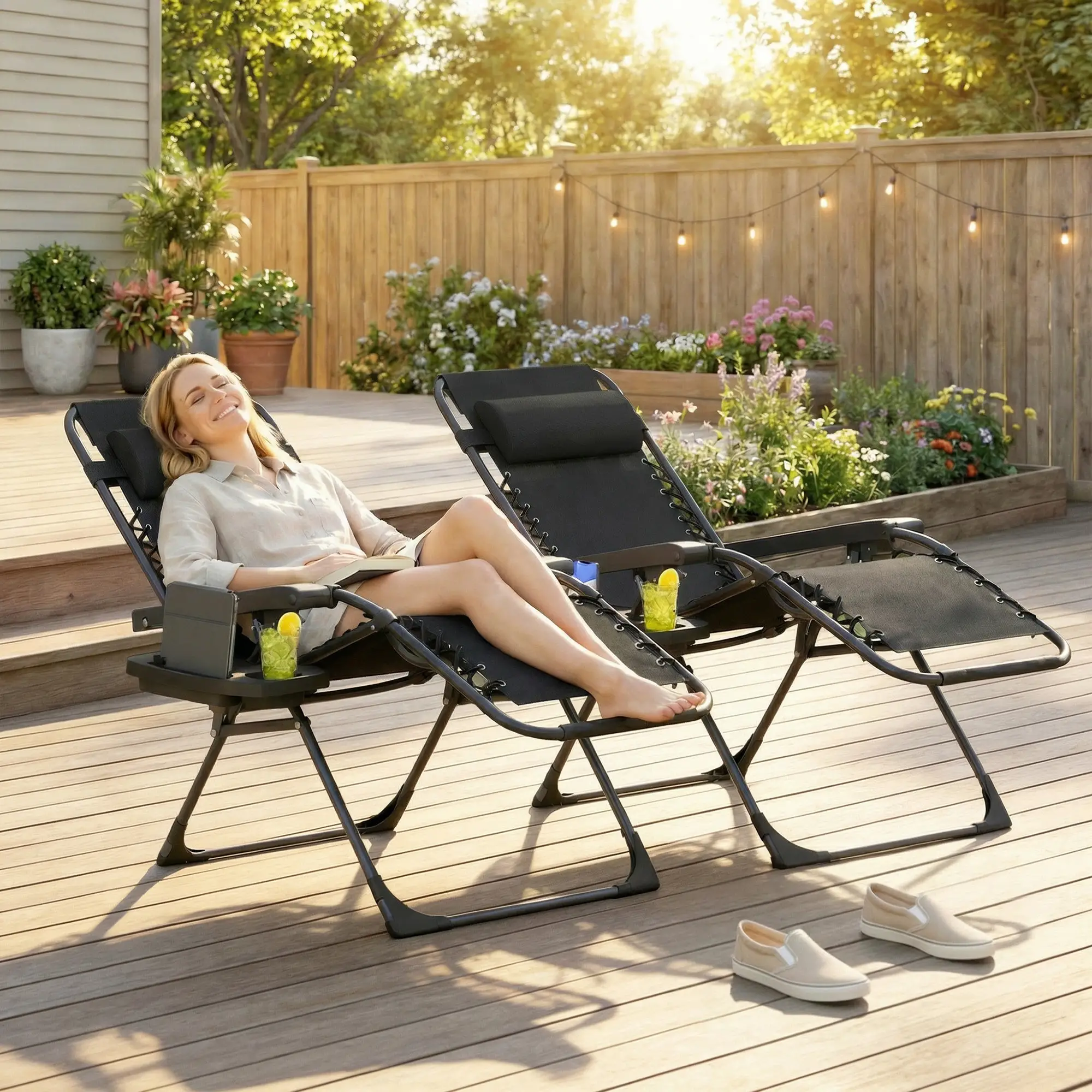Zero Gravity Chair Set Of 2, Folding Reclining Outdoor Lounge Chair, Black - Image 2