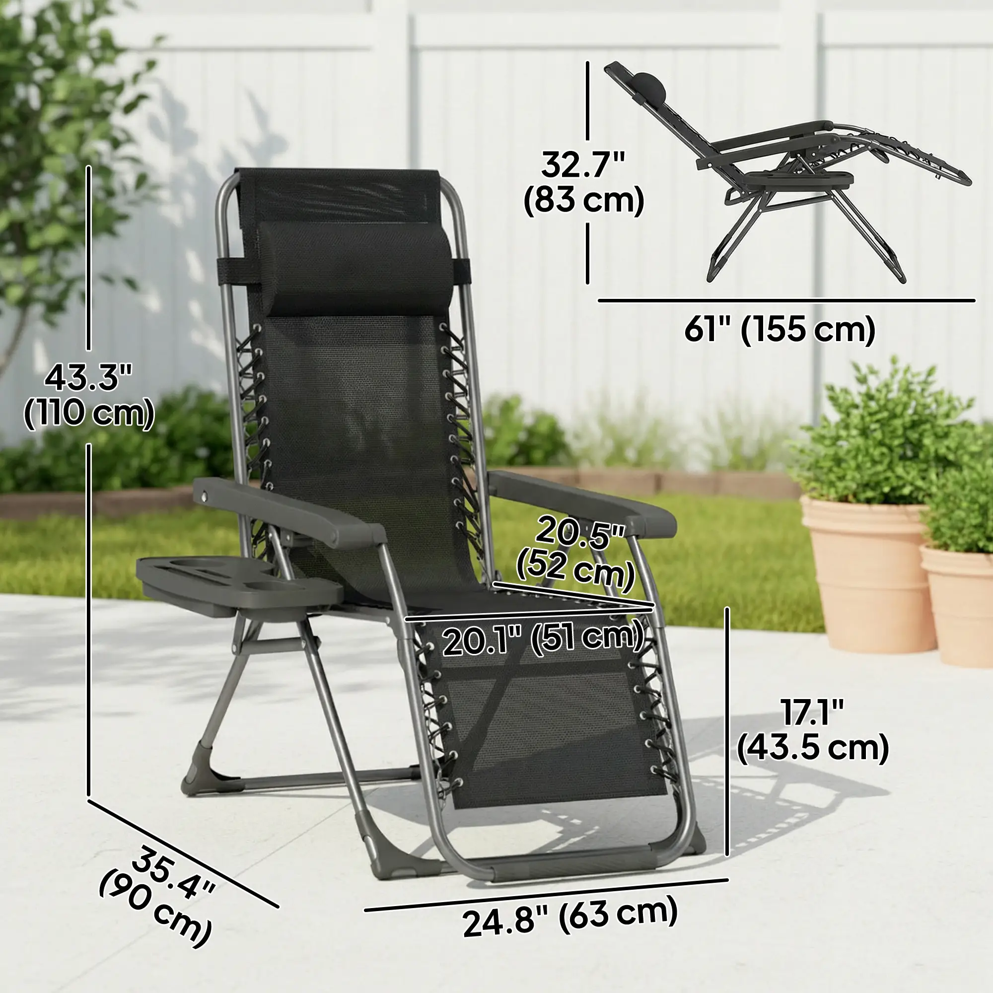 Zero Gravity Chair Set Of 2, Folding Reclining Outdoor Lounge Chair, Black - Image 3