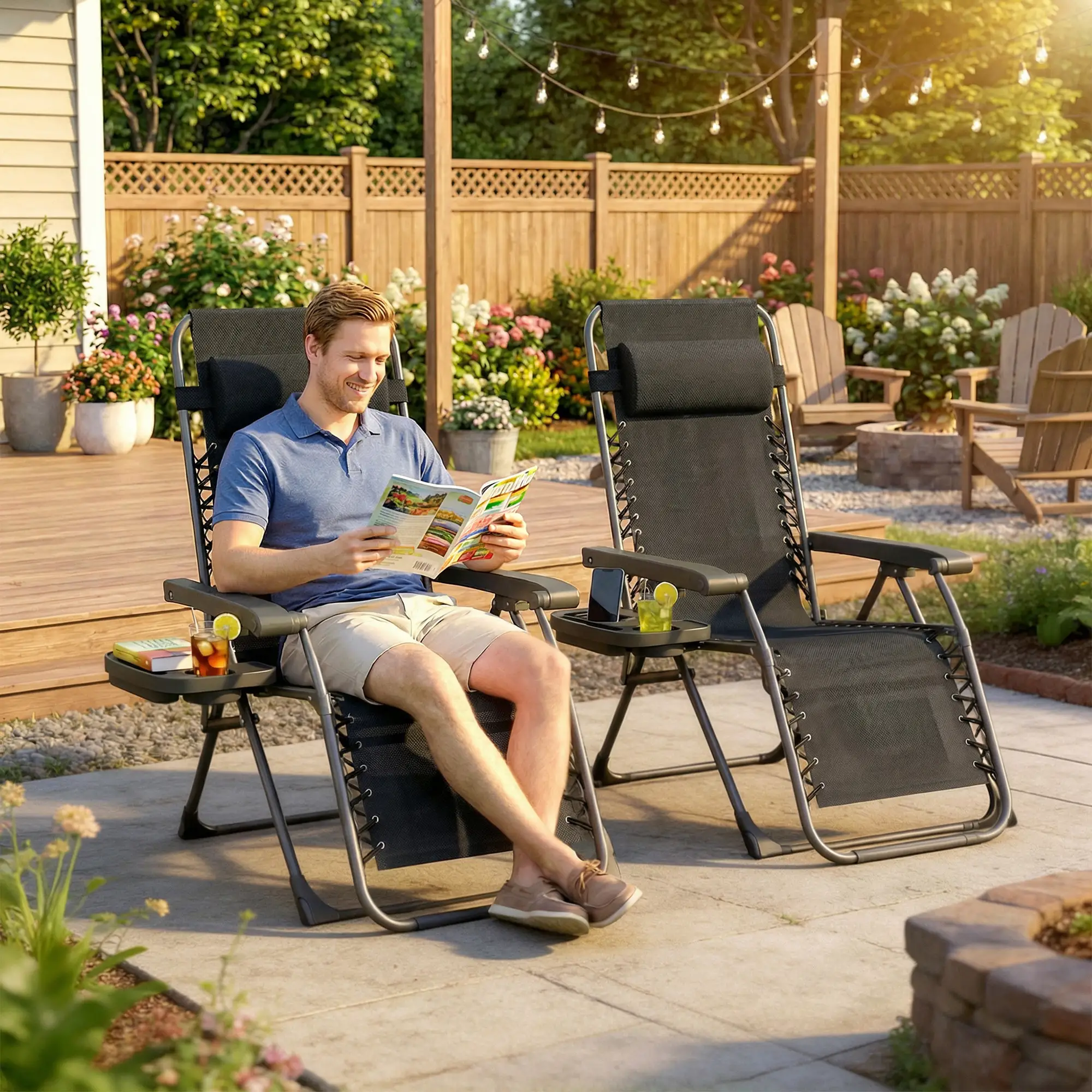 Zero Gravity Chair Set Of 2, Folding Reclining Outdoor Lounge Chair, Black - Image 8