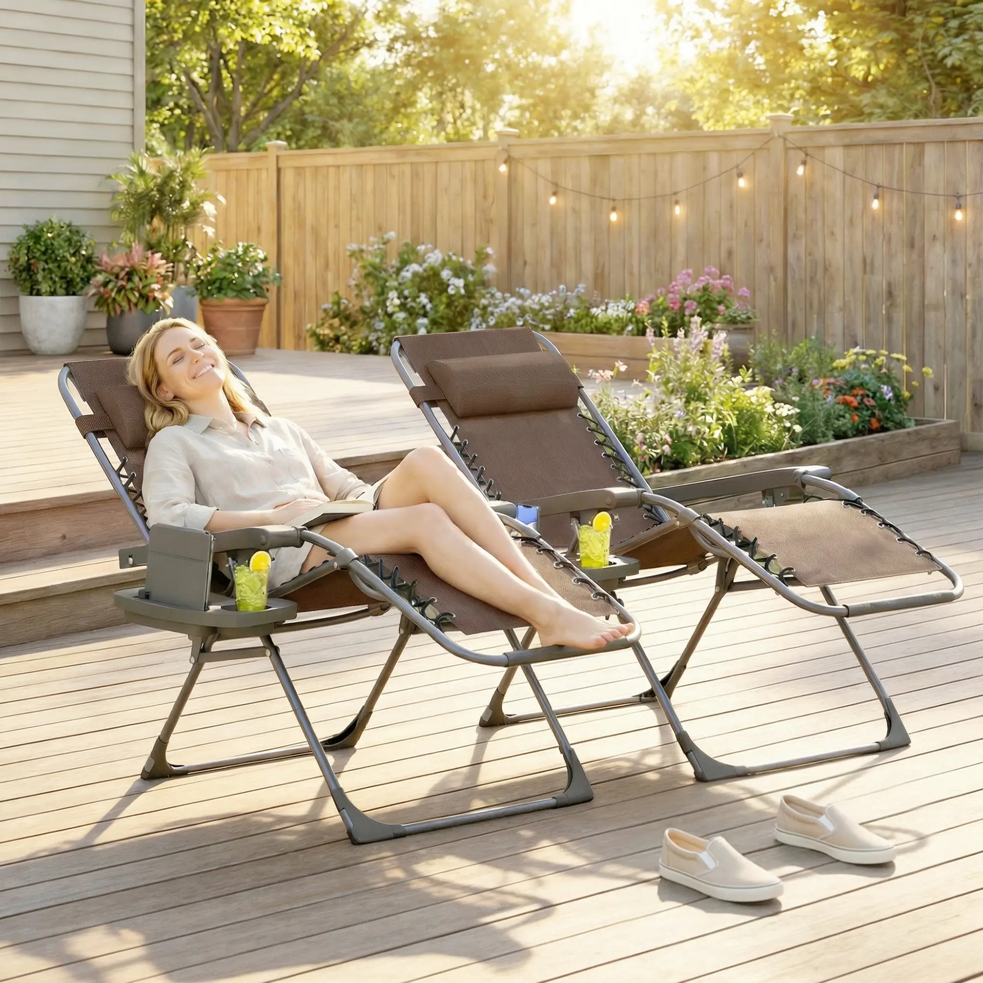 Zero Gravity Chair Set Of 2, Folding Reclining Outdoor Lounge Chair, Brown - Image 2