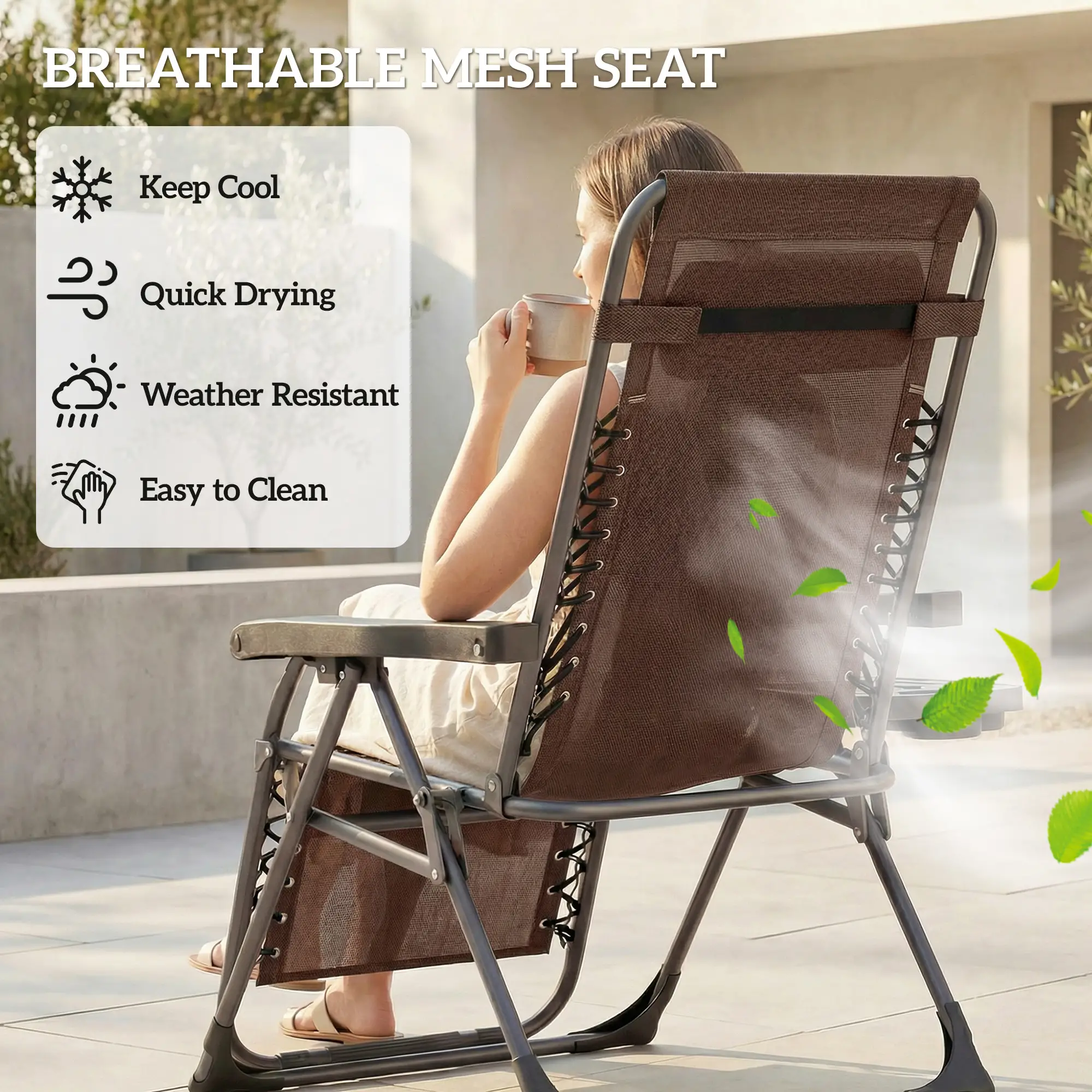 Zero Gravity Chair Set Of 2, Folding Reclining Outdoor Lounge Chair, Brown - Image 9
