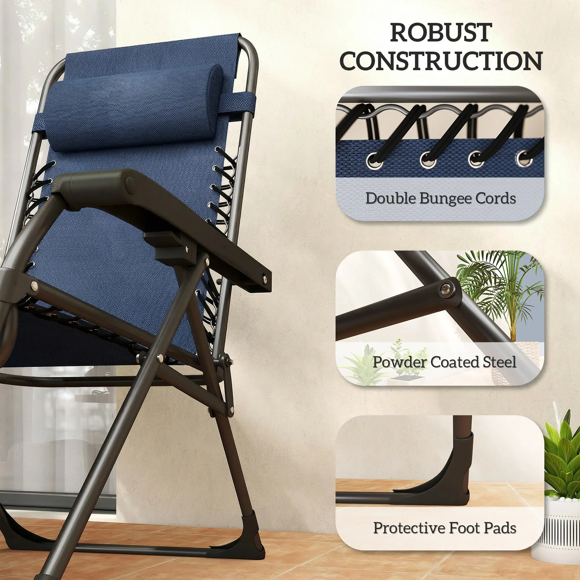 Zero Gravity Chair Set Of 2, Folding Reclining Outdoor Lounge Chair, Dark Blue - Image 10