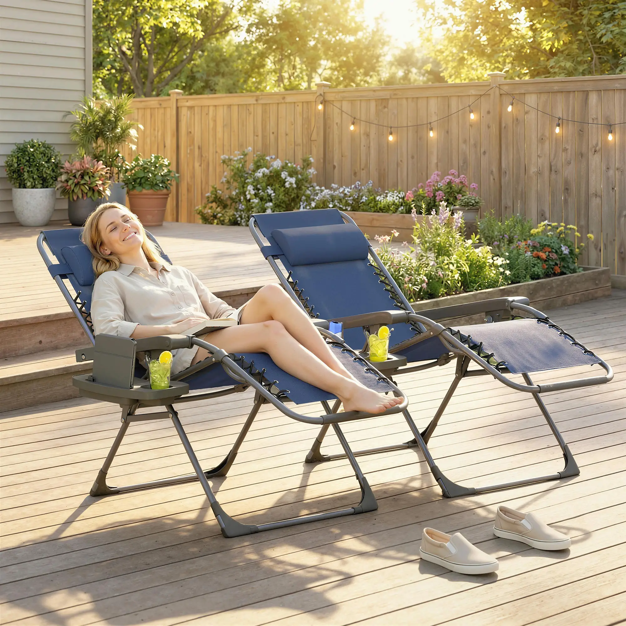 Zero Gravity Chair Set Of 2, Folding Reclining Outdoor Lounge Chair, Dark Blue - Image 2