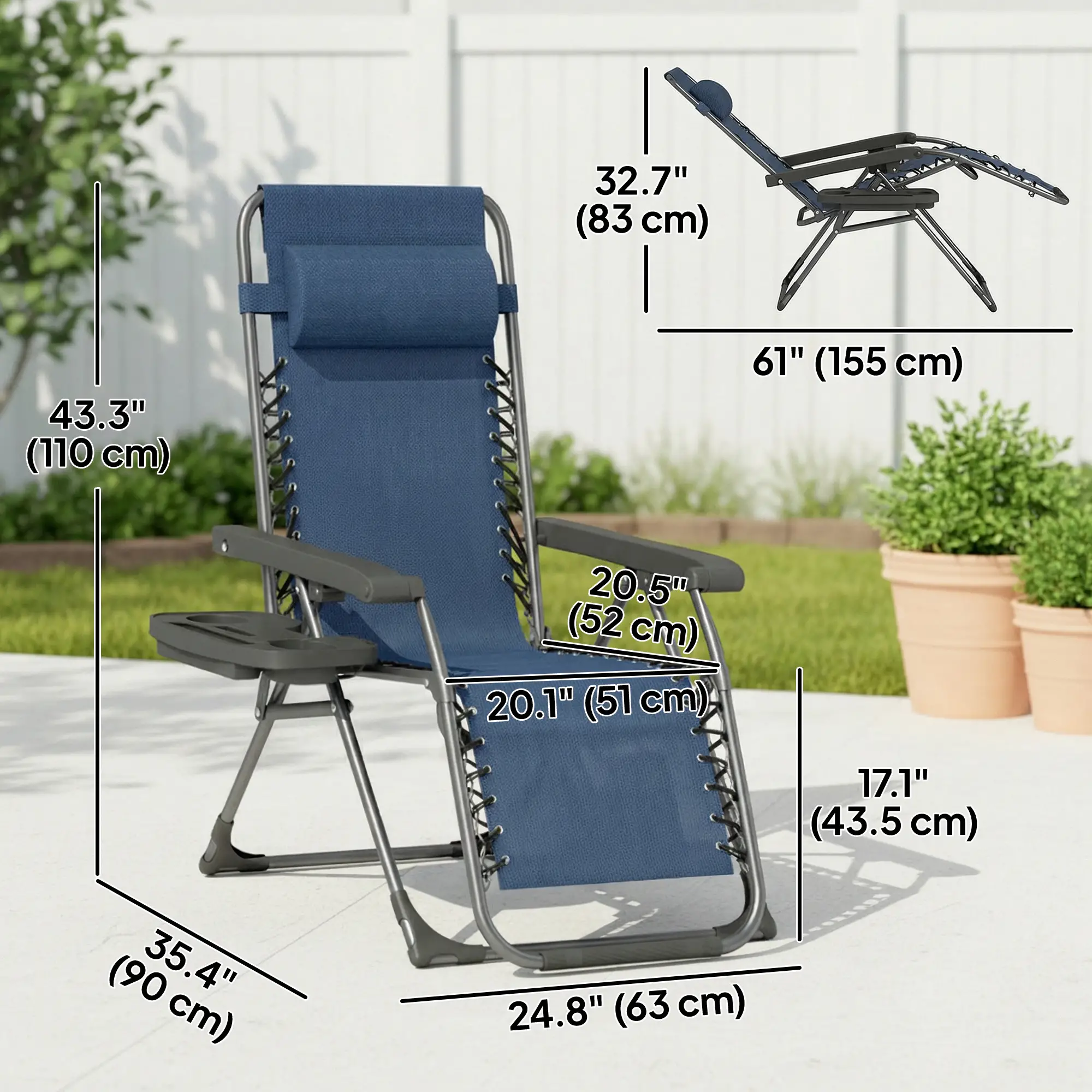 Zero Gravity Chair Set Of 2, Folding Reclining Outdoor Lounge Chair, Dark Blue - Image 3