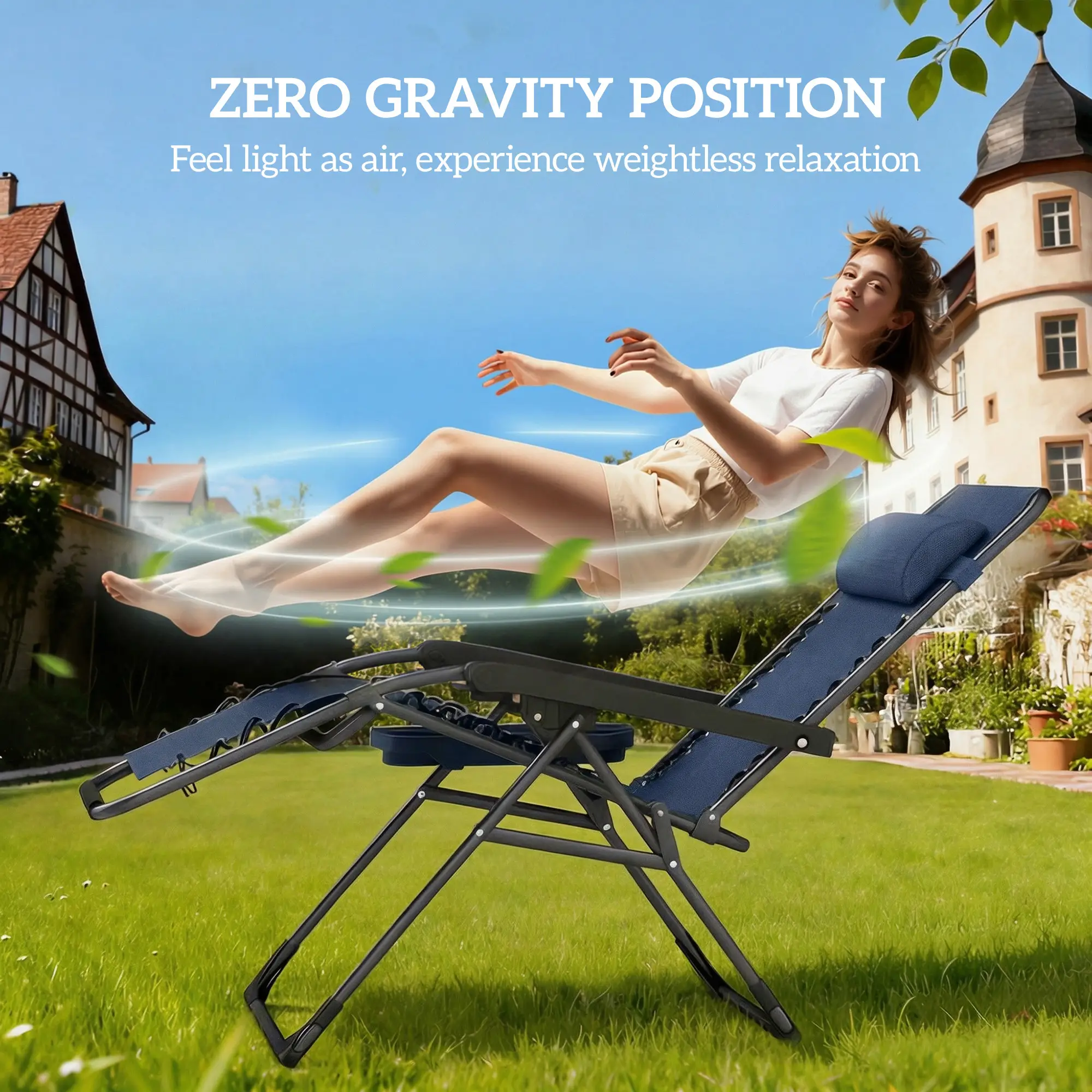 Zero Gravity Chair Set Of 2, Folding Reclining Outdoor Lounge Chair, Dark Blue - Image 4
