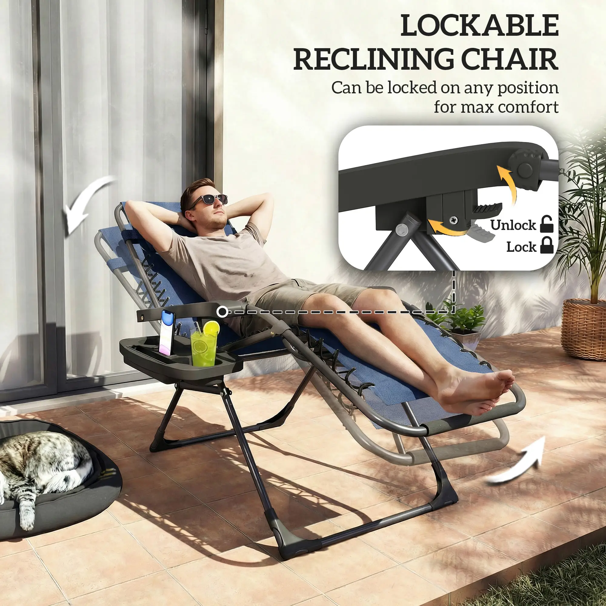 Zero Gravity Chair Set Of 2, Folding Reclining Outdoor Lounge Chair, Dark Blue - Image 5