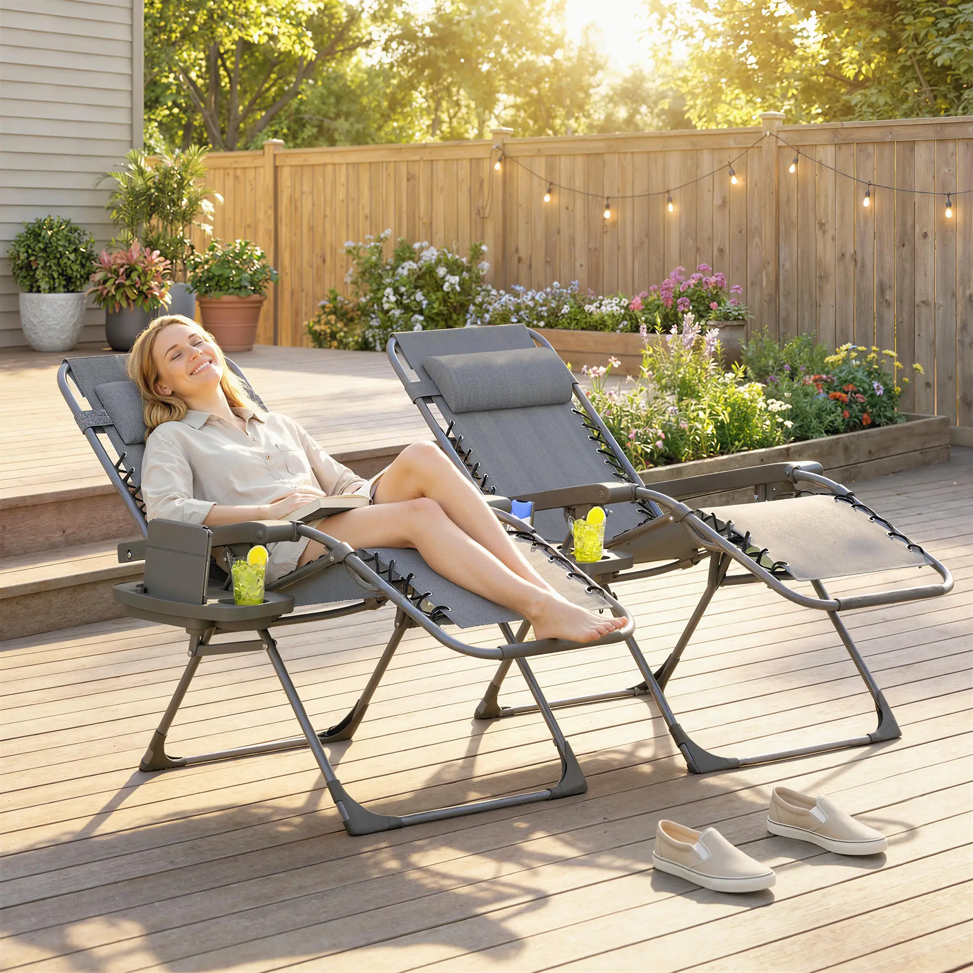 Zero Gravity Chair Set Of 2, Folding Reclining Outdoor Lounge Chair, Dark Grey - Image 2