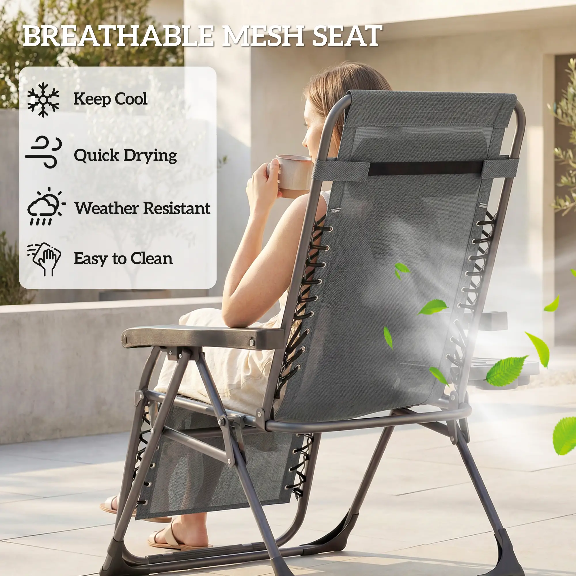 Zero Gravity Chair Set Of 2, Folding Reclining Outdoor Lounge Chair, Dark Grey - Image 9
