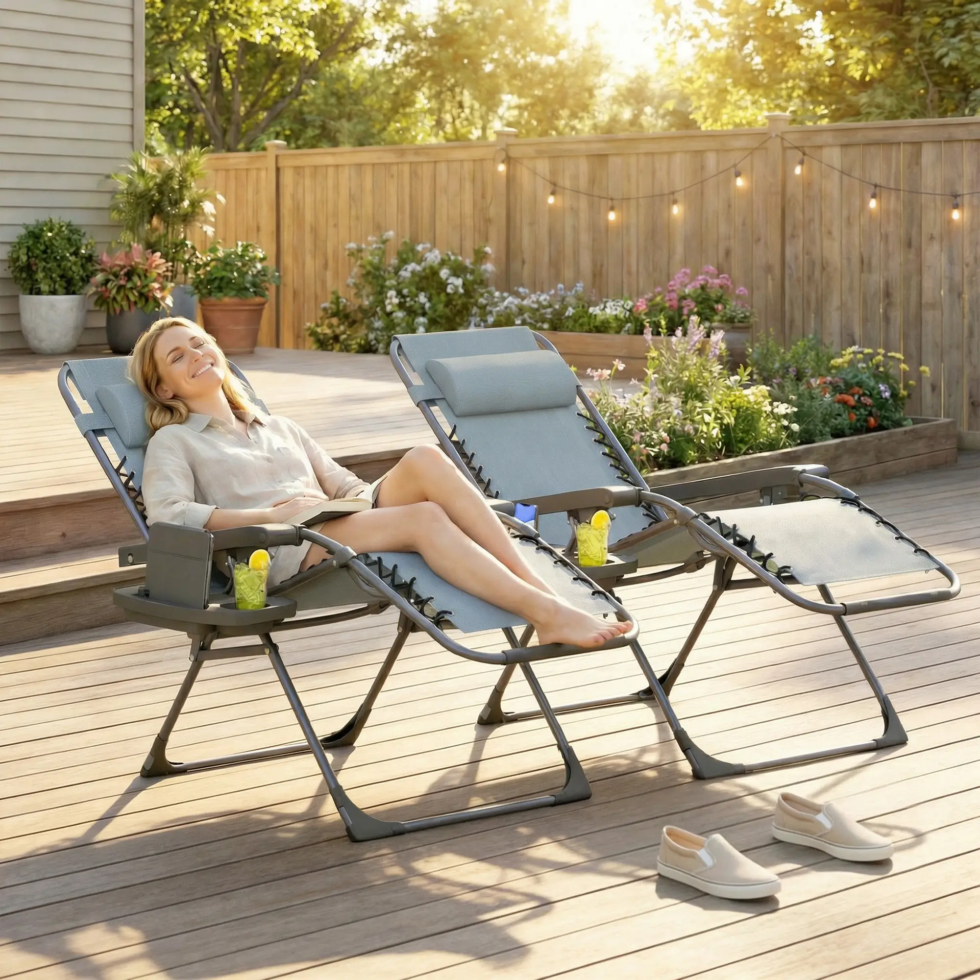 Zero Gravity Chair Set Of 2, Folding Reclining Outdoor Lounge Chair, Light Grey - Image 2