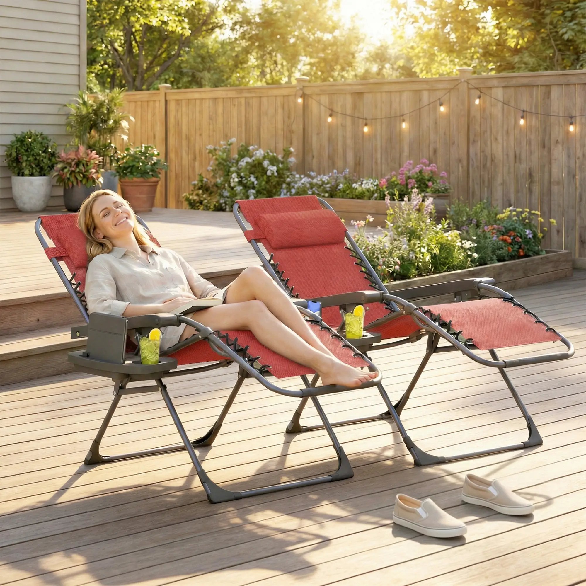 Zero Gravity Chair Set Of 2, Folding Reclining Outdoor Lounge Chair, Wine Red - Image 2