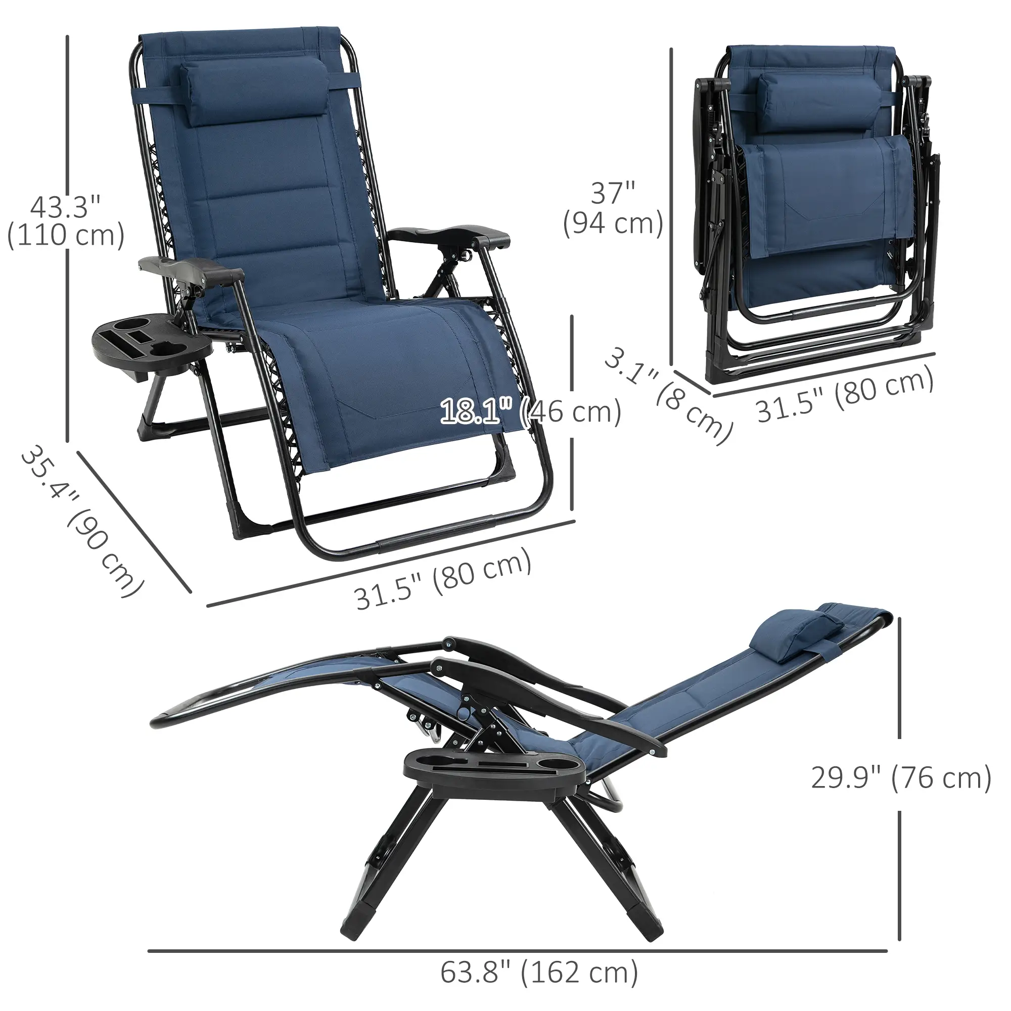 Zero Gravity Lounger Chair, Padded, 400 LBS Capacity, Blue - Image 3