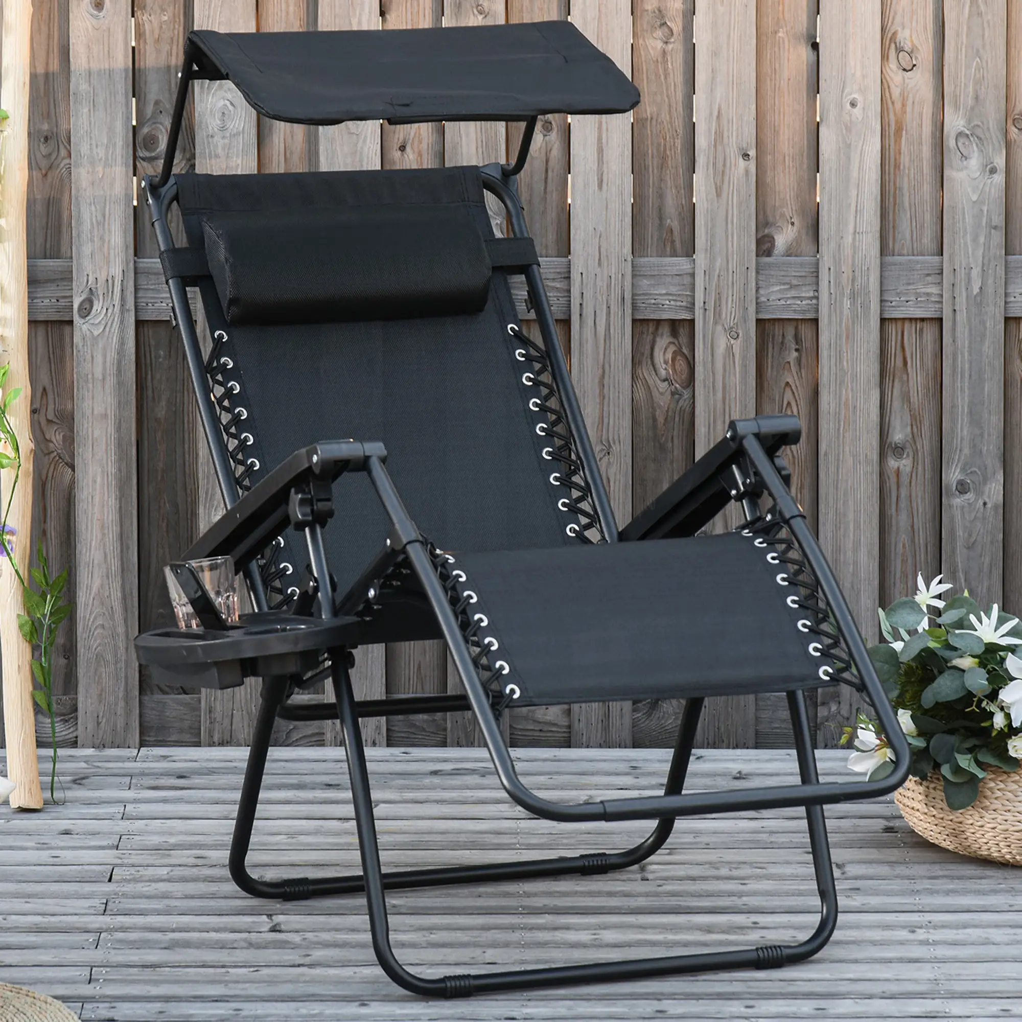 Zero Gravity Reclining Lounger Chair, Canopy Shade, Side Tray, Cupholder, Black - Image 2