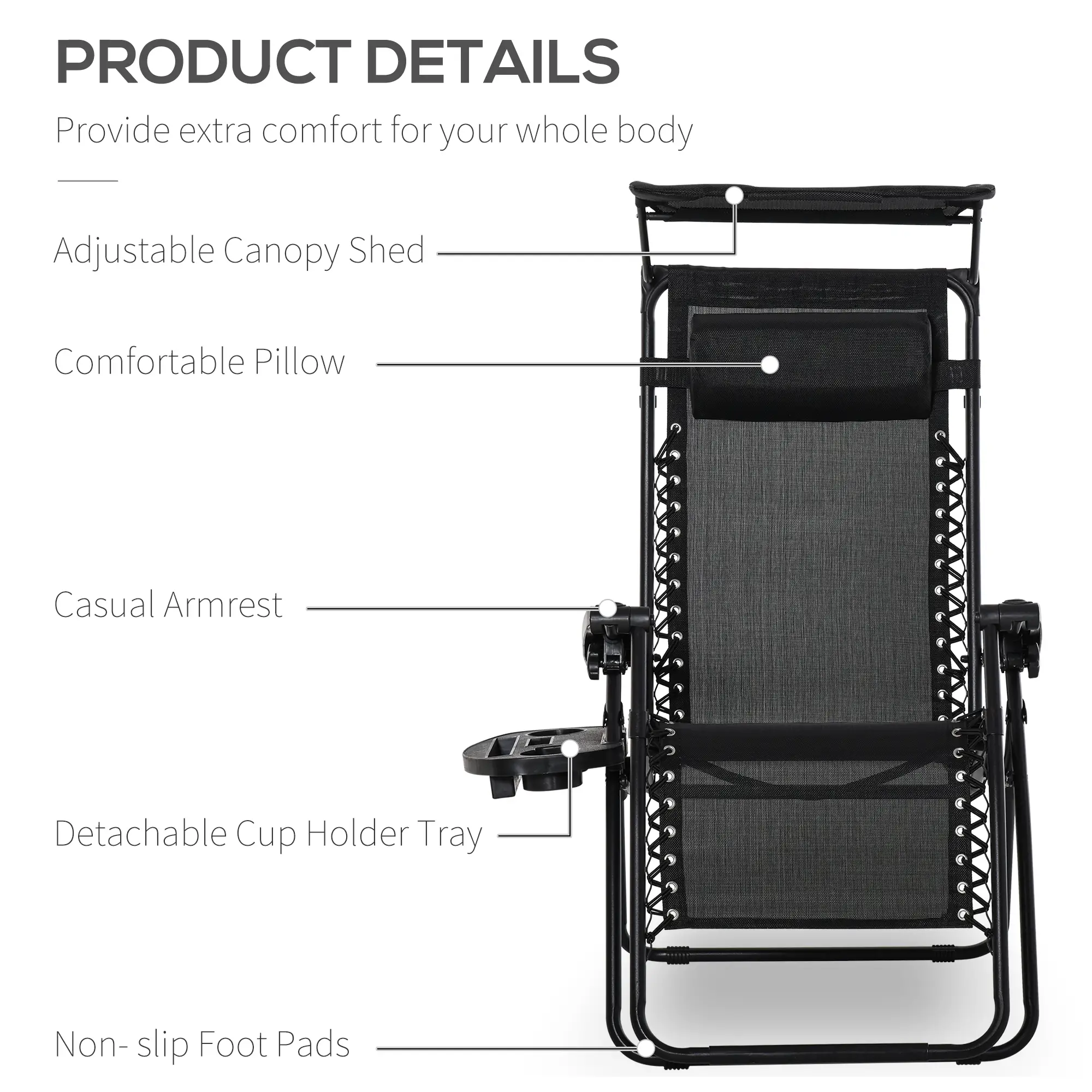Zero Gravity Reclining Lounger Chair, Canopy Shade, Side Tray, Cupholder, Black - Image 4