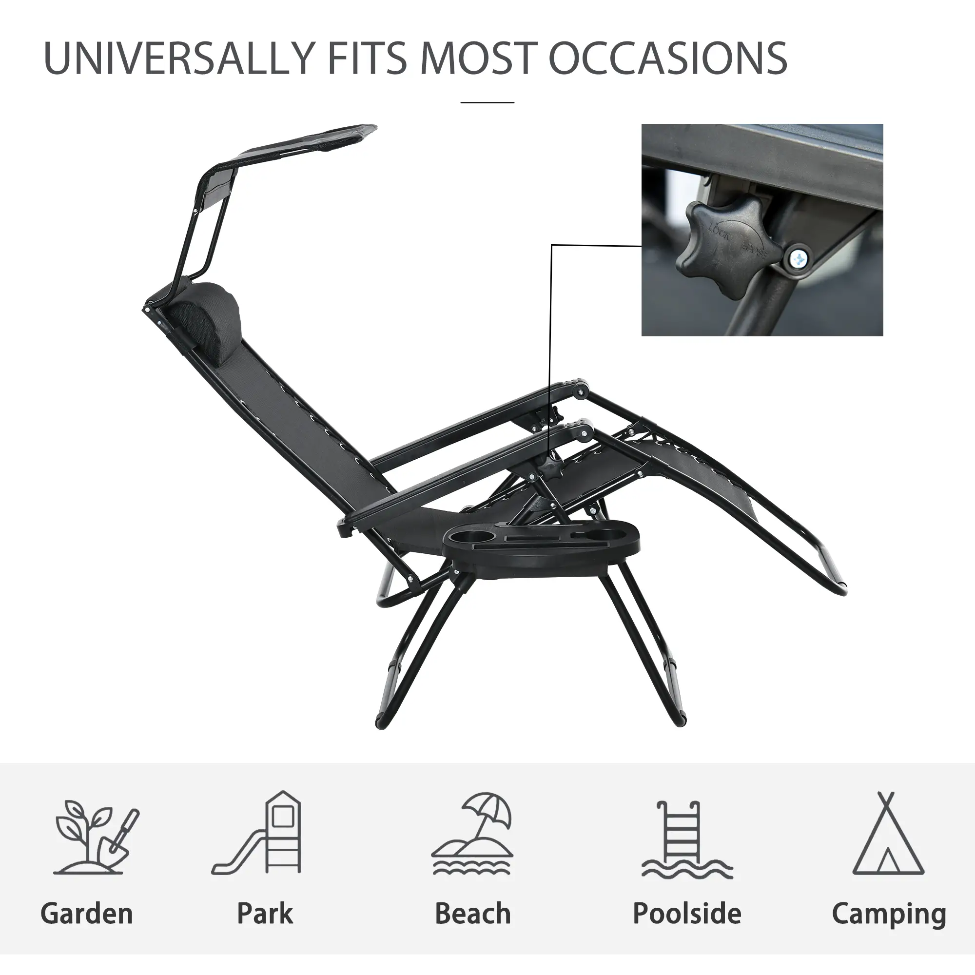 Zero Gravity Reclining Lounger Chair, Canopy Shade, Side Tray, Cupholder, Black - Image 7